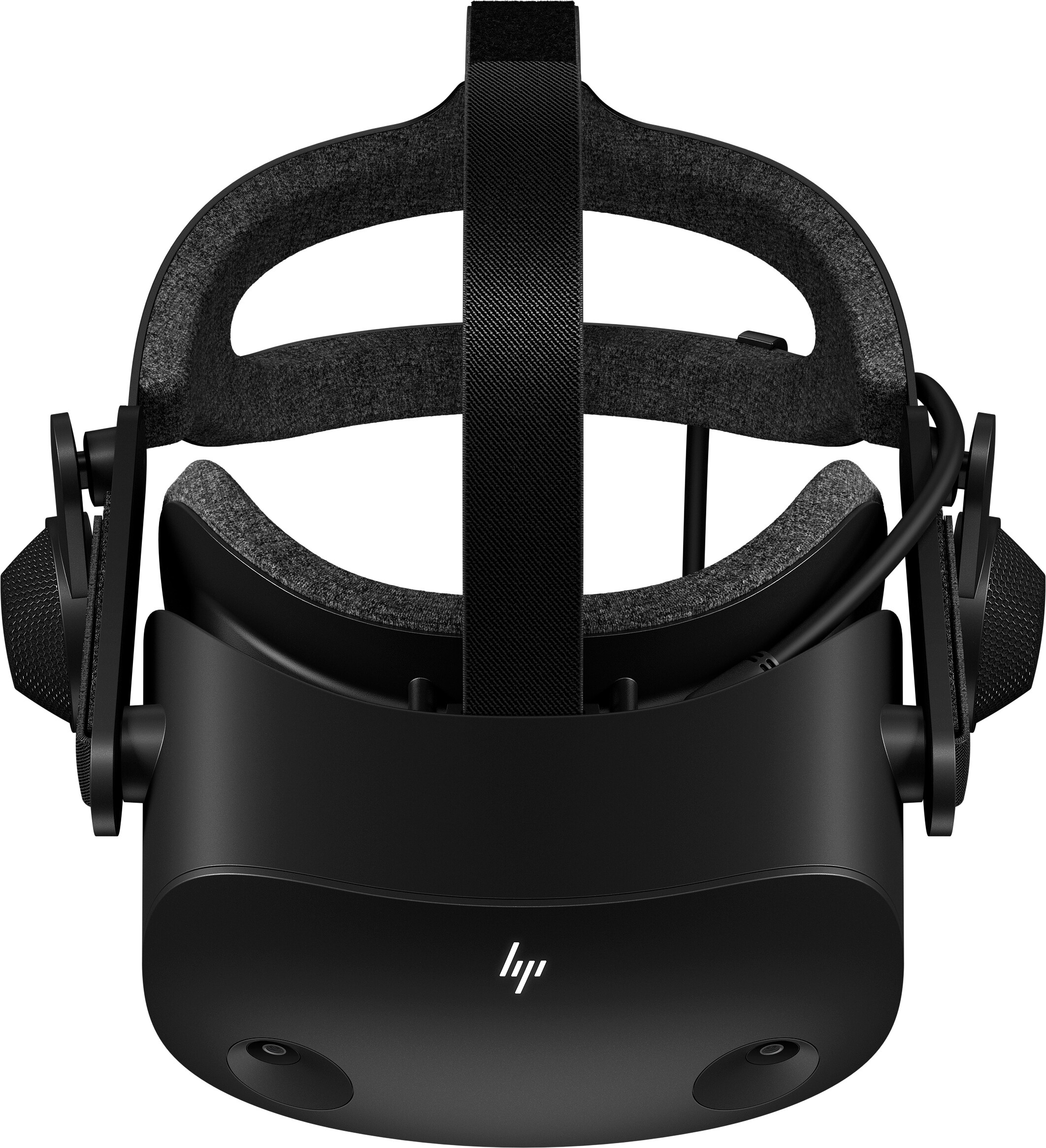 Ein schwarzes HP VR-Headset mit zwei Linsen und integrierten Kopfhörern, oben ein schwarzer Riemen.