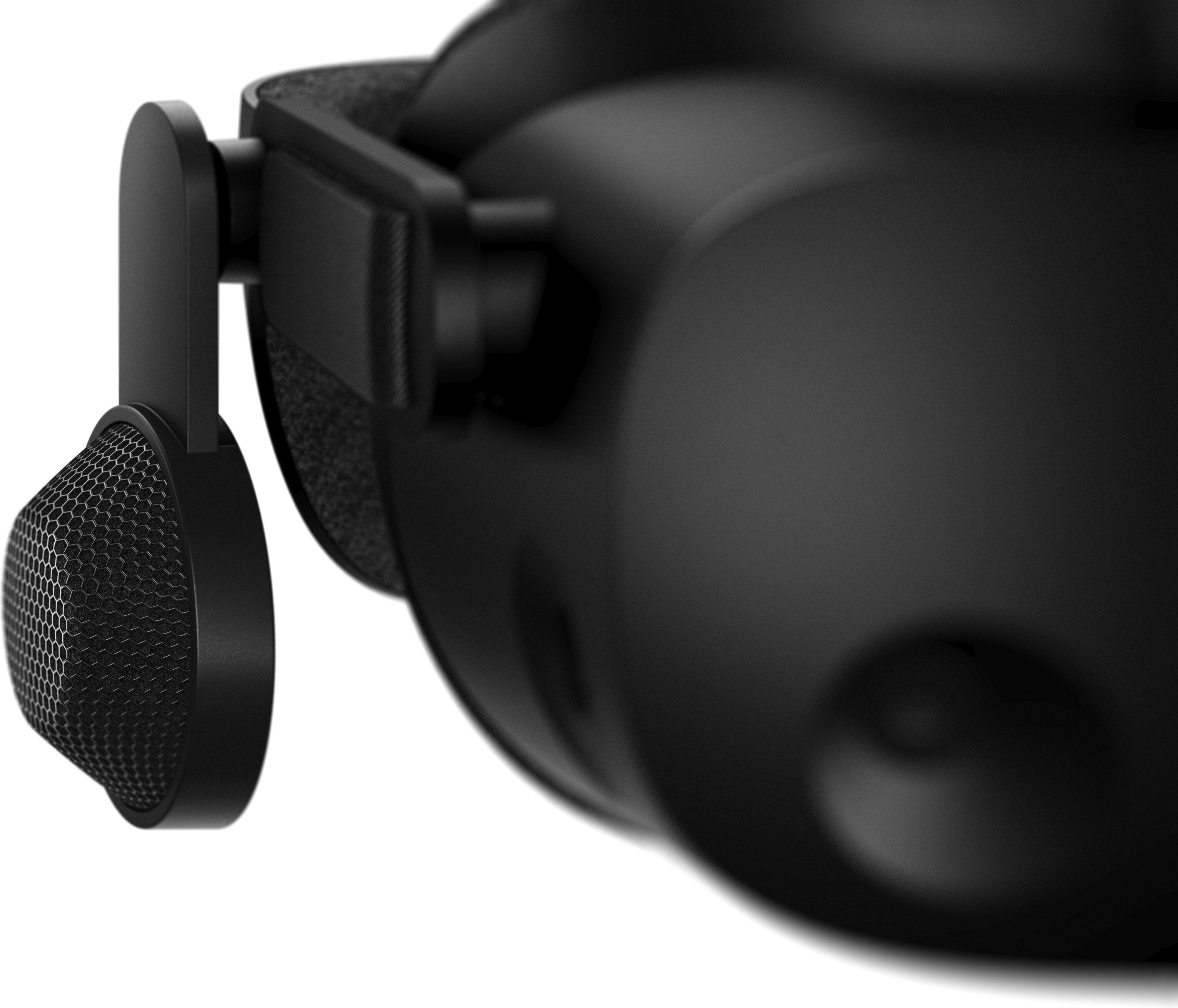 Nahaufnahme eines schwarzen VR-Headsets mit eingebautem Mikrofon, zeigt das Mikrofon-Mesh.