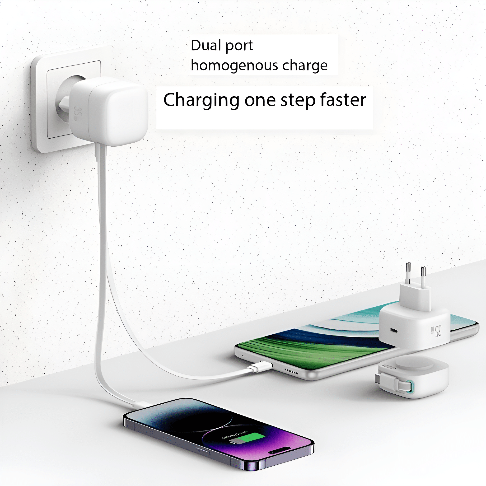 Ein weißes Netzteil, das ein Telefon auflädt und in der Wand eingesteckt ist.