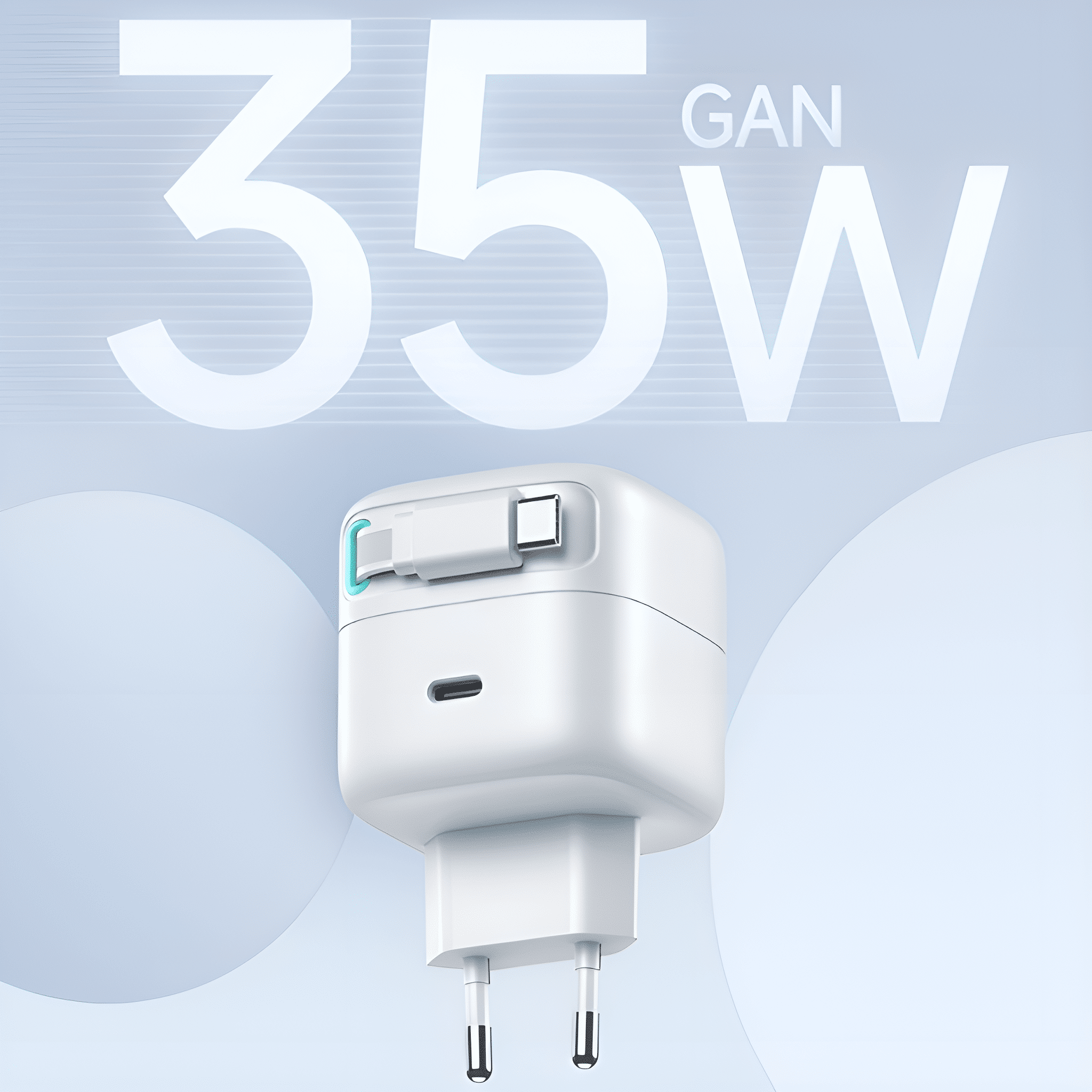 Weißes 35W GAN-Ladegerät mit zwei Stiften und einem USB-C-Anschluss, auf hellblauem Verlauf.