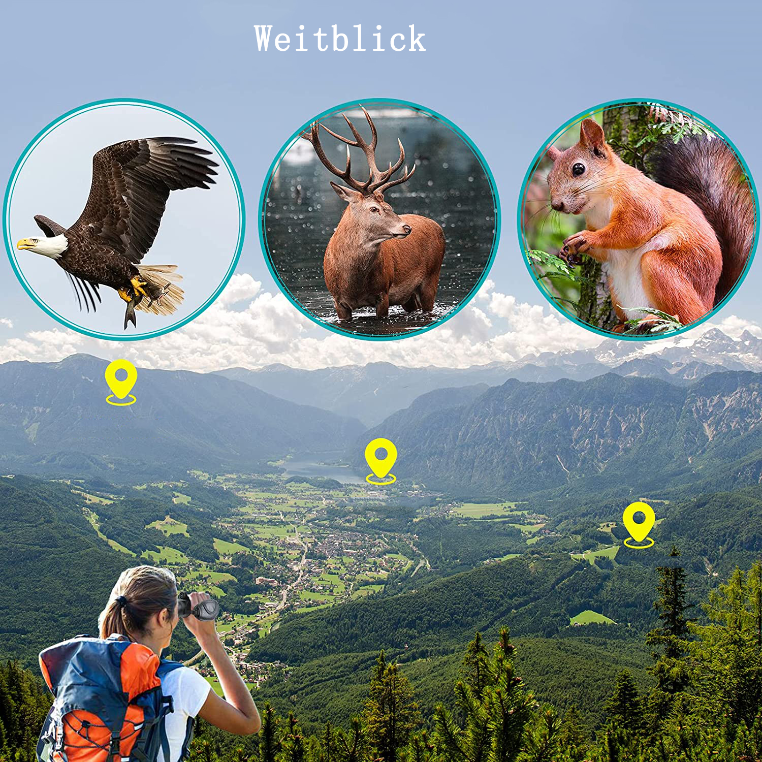 Frau schaut durch Fernglas auf Adler, Hirsch und Eichhörnchen in Berglandschaft.