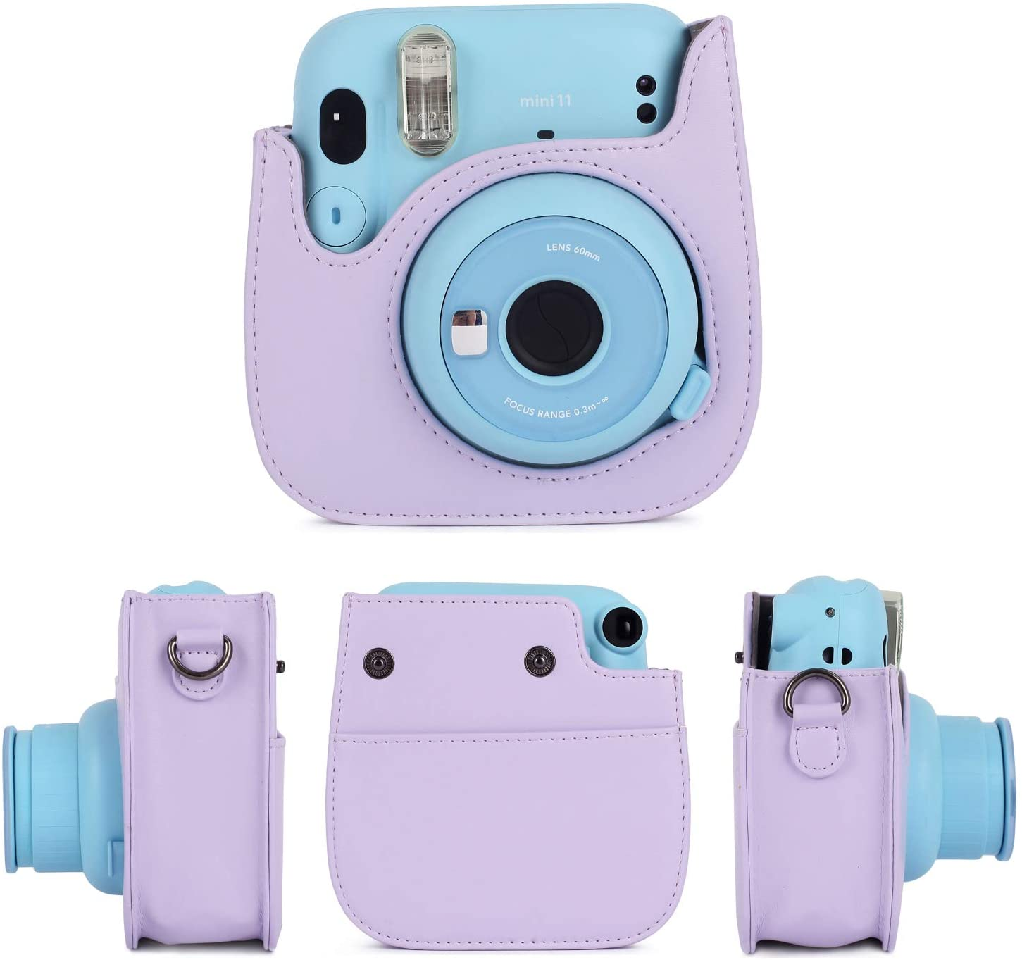 Blaue Kamera in einem hellvioletten Gehäuse. Es werden mehrere Winkel gezeigt.