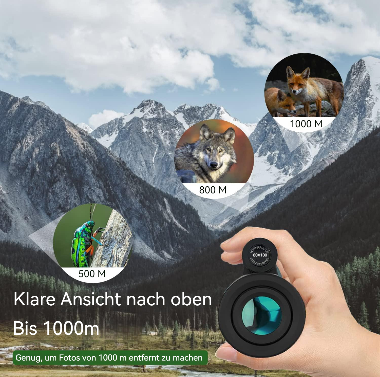 Eine Person hält ein Monokular über einer bergigen Landschaft, mit Bildern von Tieren in unterschiedlichen Entfernungen.