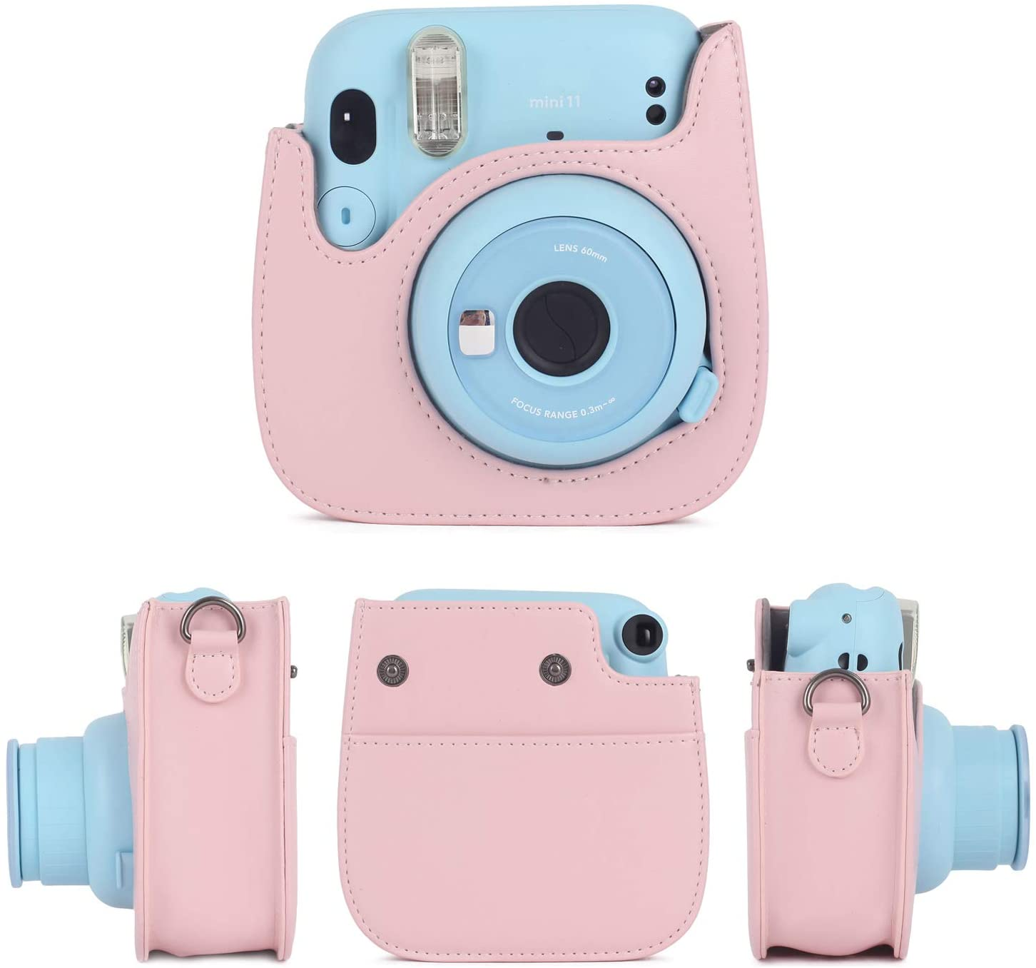 Blaue Instax Mini 11 Kamera in rosa Hülle, mit mehreren Ansichten. Weißer Hintergrund.