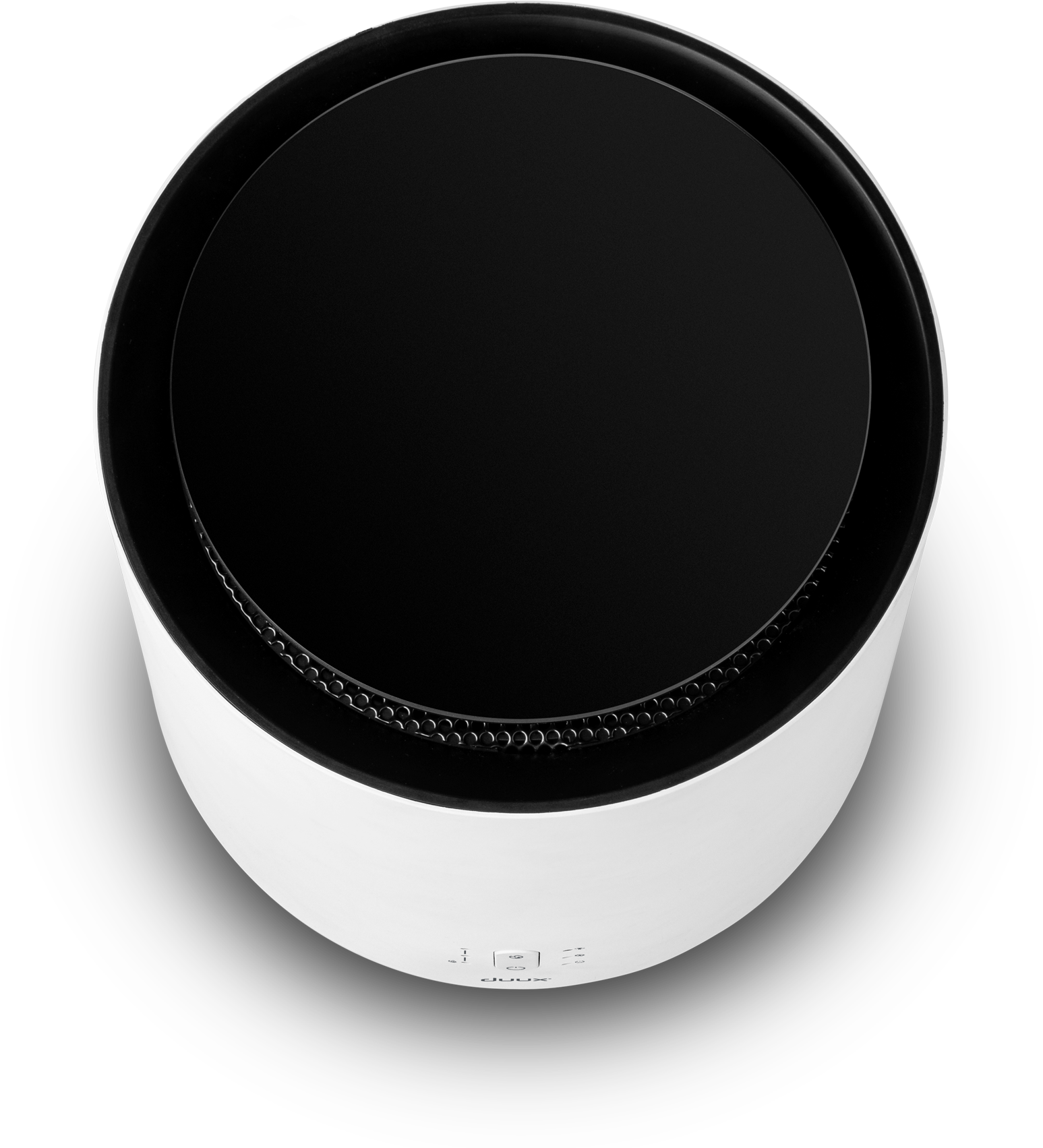 Białe i czarne urządzenie w kształcie wachlarza z czarnym wnętrzem, widziane z góry, na czarnej powierzchni.