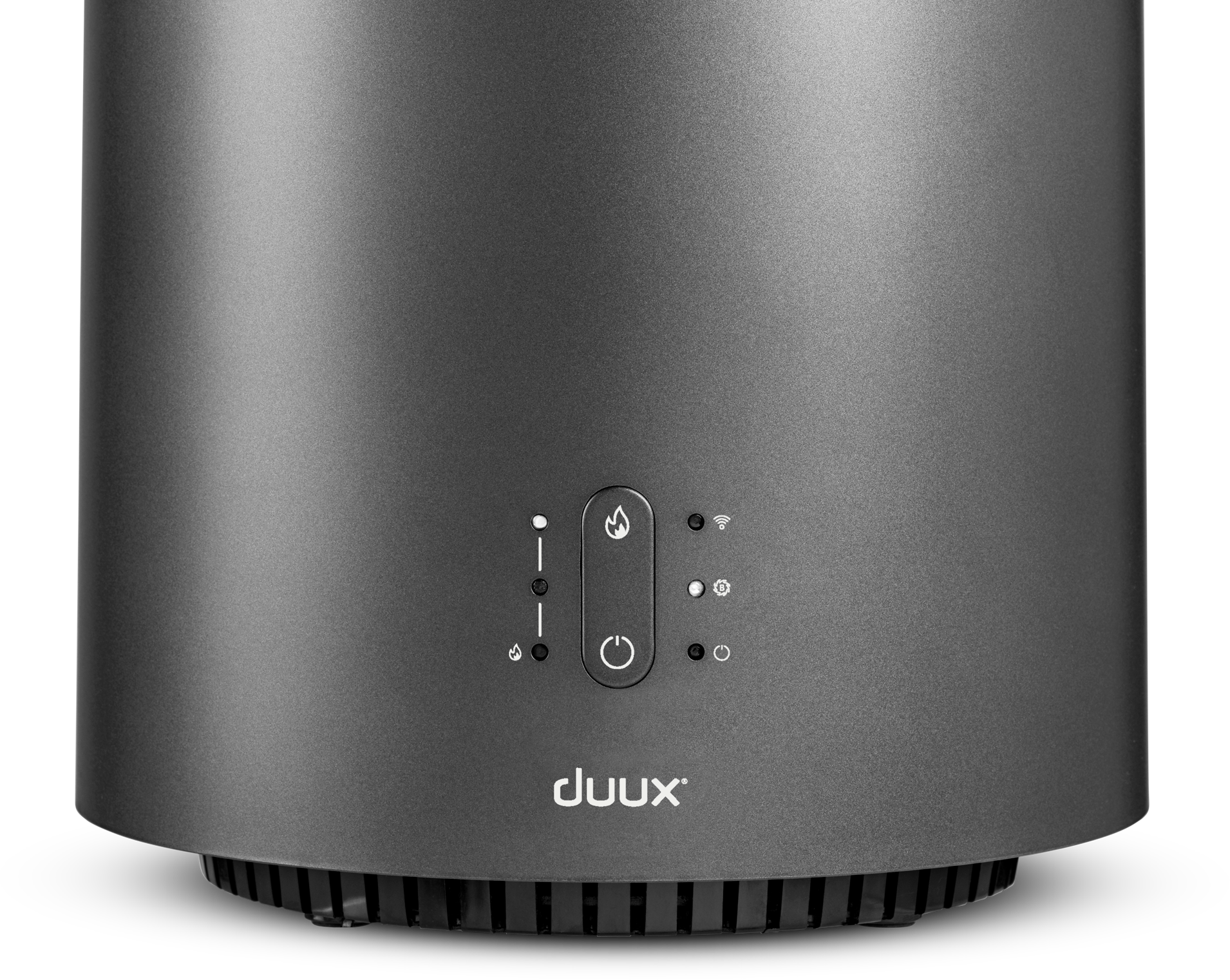 Ciemnoszary nawilżacz z przyciskami zasilania i funkcji oraz logo 'duux'.