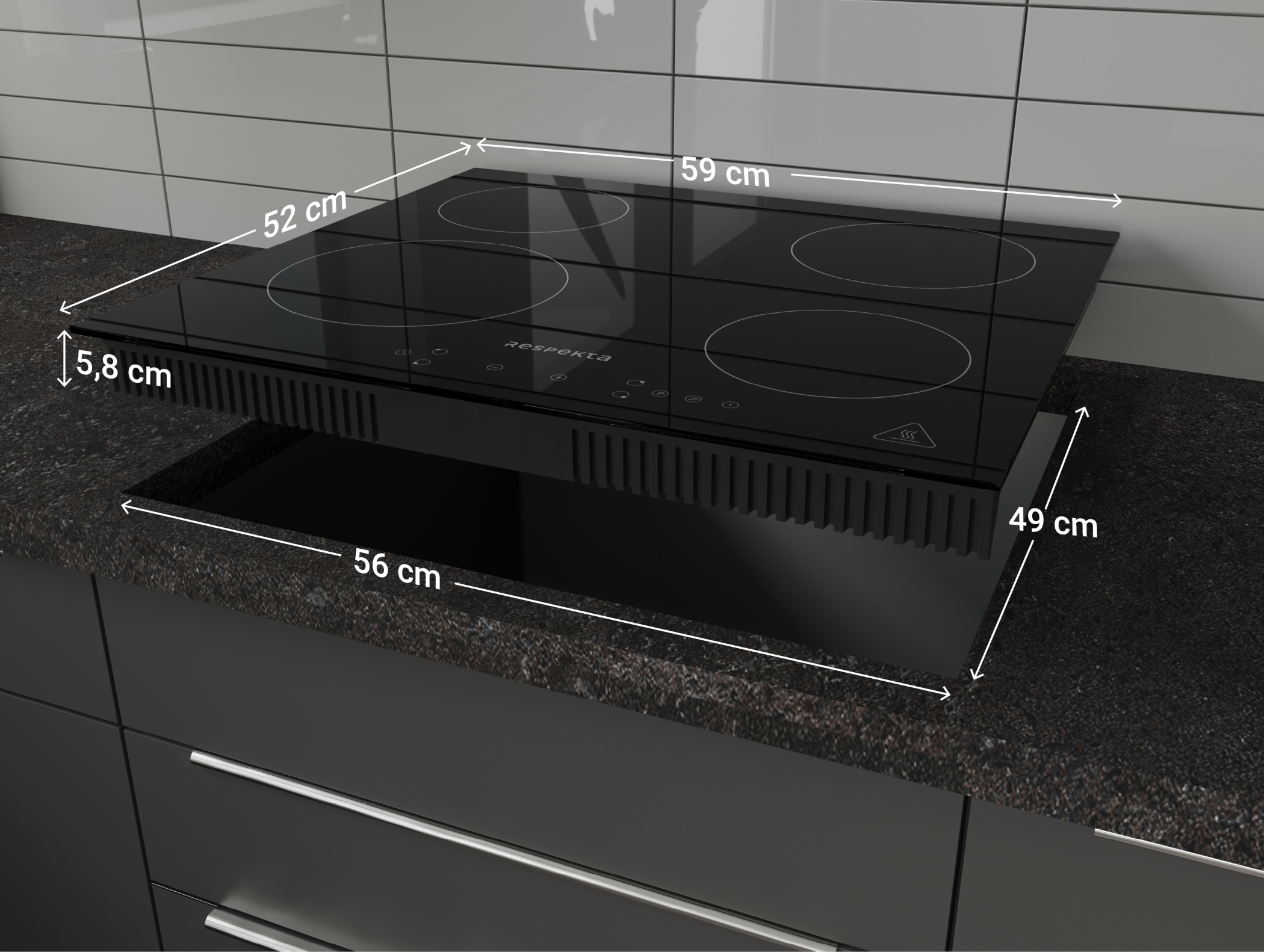Piano cottura nero su un piano di lavoro con dimensioni etichettate. Include 52 cm, 59 cm, 5,8 cm e 49 cm.
