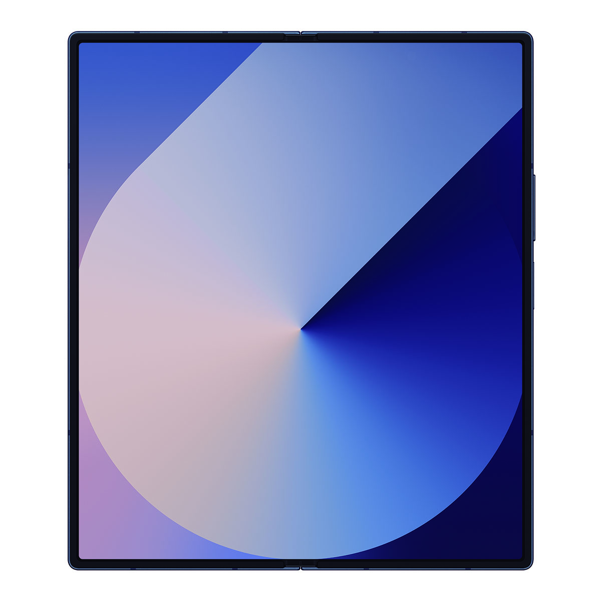 Składany tablet z gradientowym obrazem abstrakcyjnym na ekranie. Urządzenie jest czarne, tło białe.