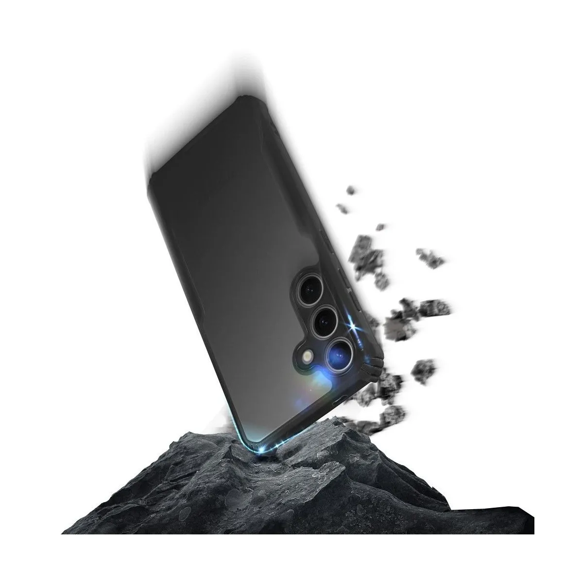 Telefono nero che cade su rocce scure, rompendosi.
