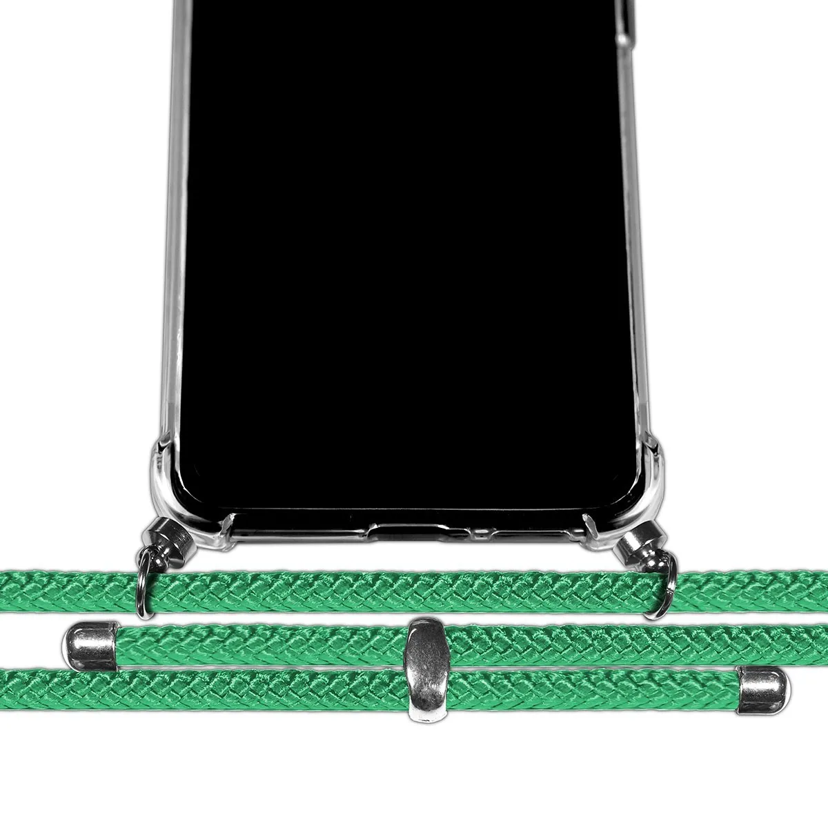 Un telefono con un cordino verde con un connettore argentato.
