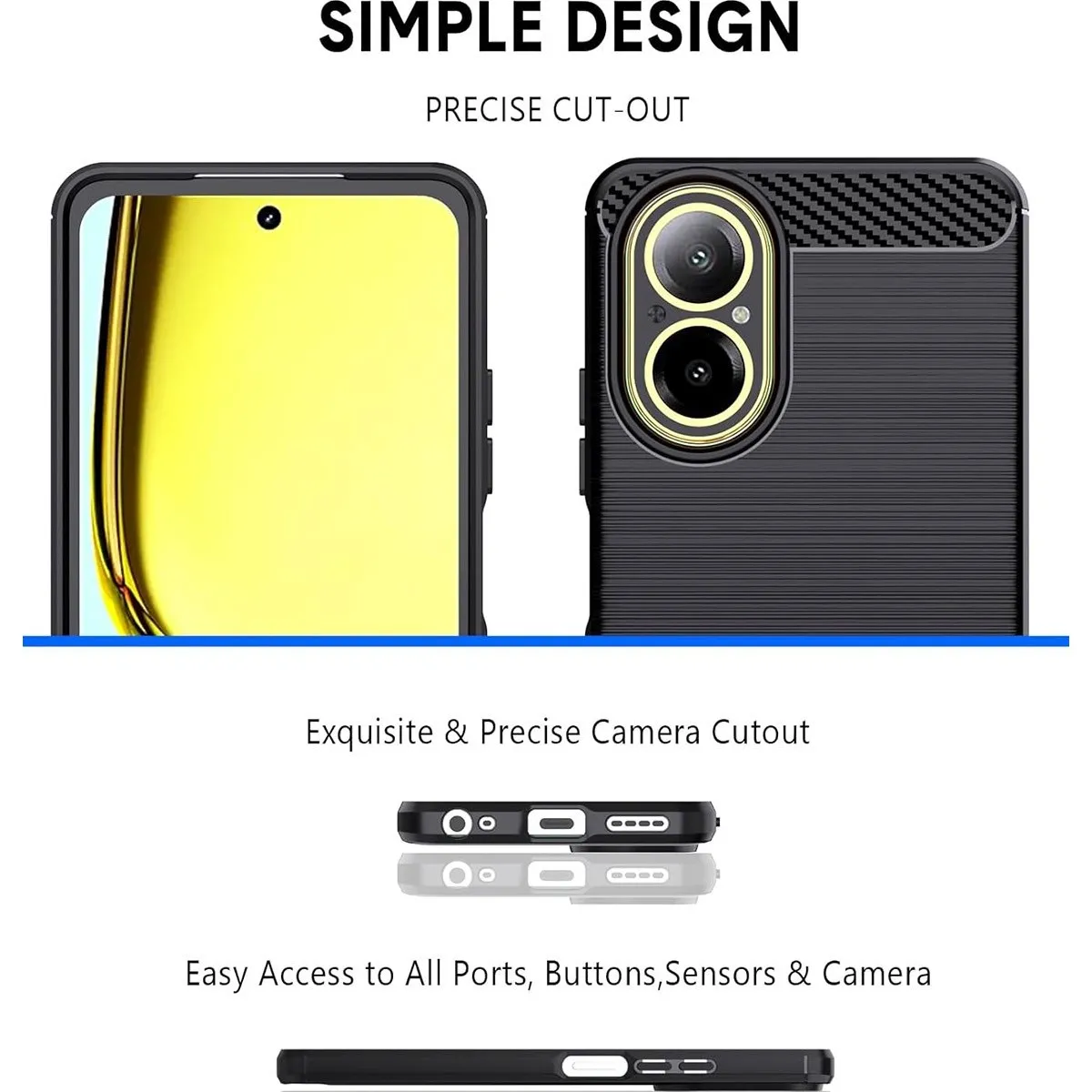 Custodia per smartphone con ritaglio per fotocamera e accesso alle porte, design semplice, colore nero.