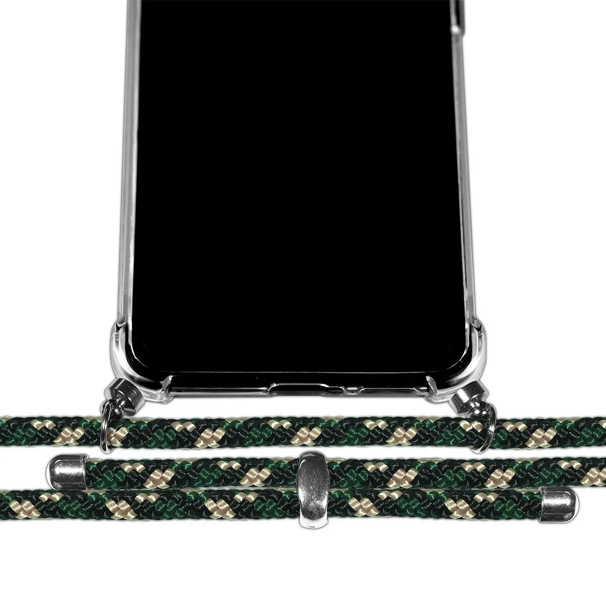 Custodia trasparente con telefono nero. Corda verde e beige con attacchi in metallo argentato.