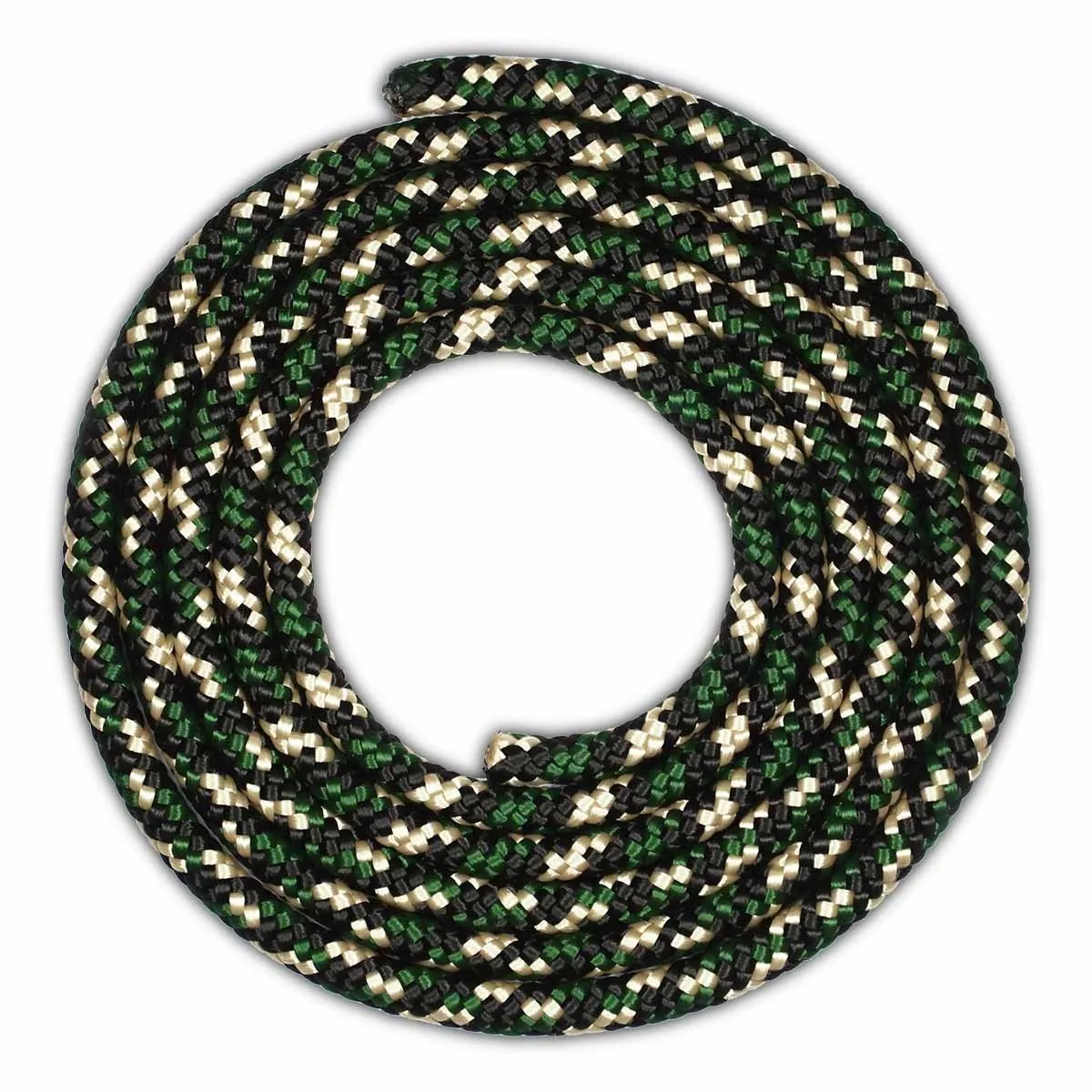Corda arrotolata con sezioni verdi, nere e beige, disposta a cerchio su sfondo bianco.