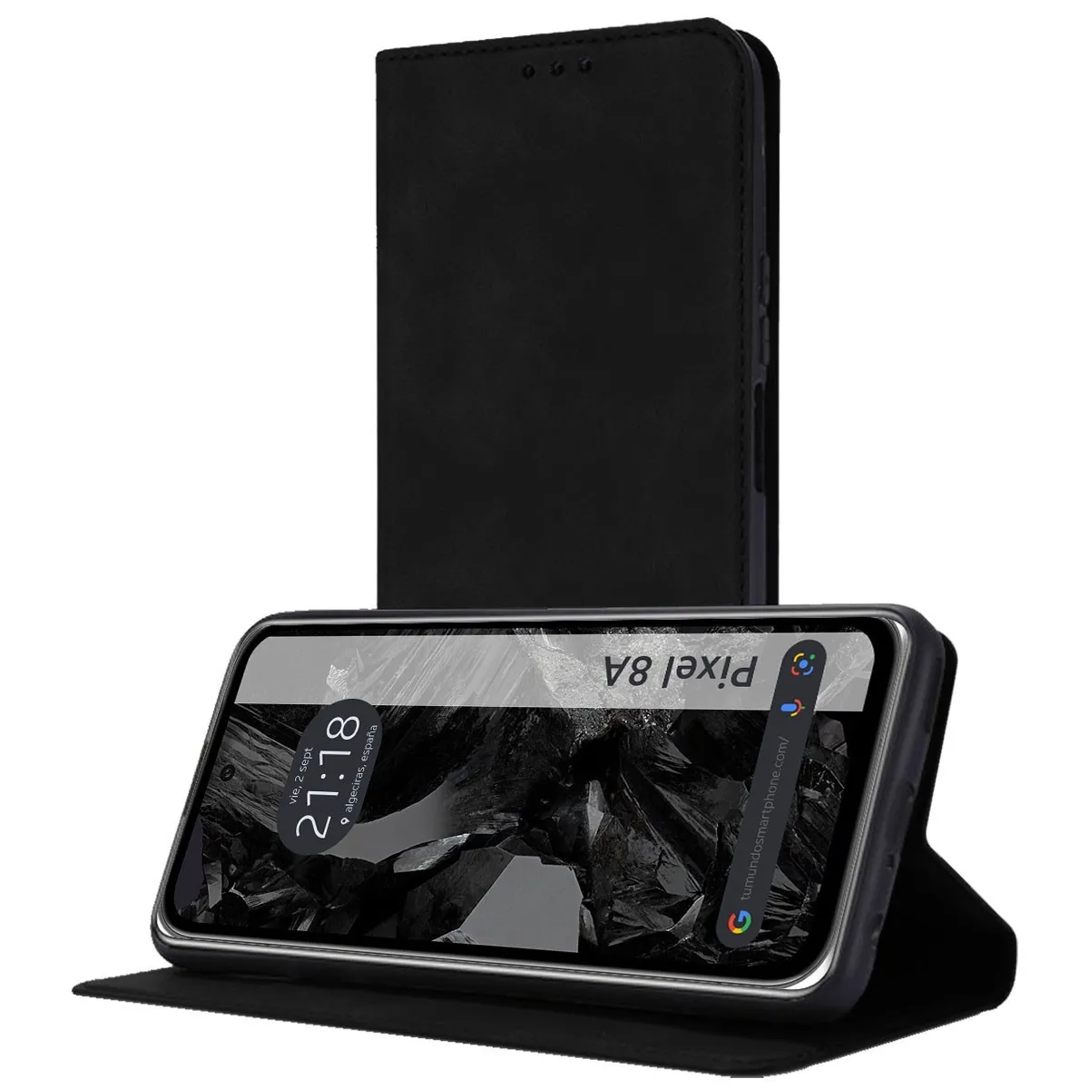 Custodia nera con telefono Pixel 8A aperto, che mostra l'ora. Sfondo nero.