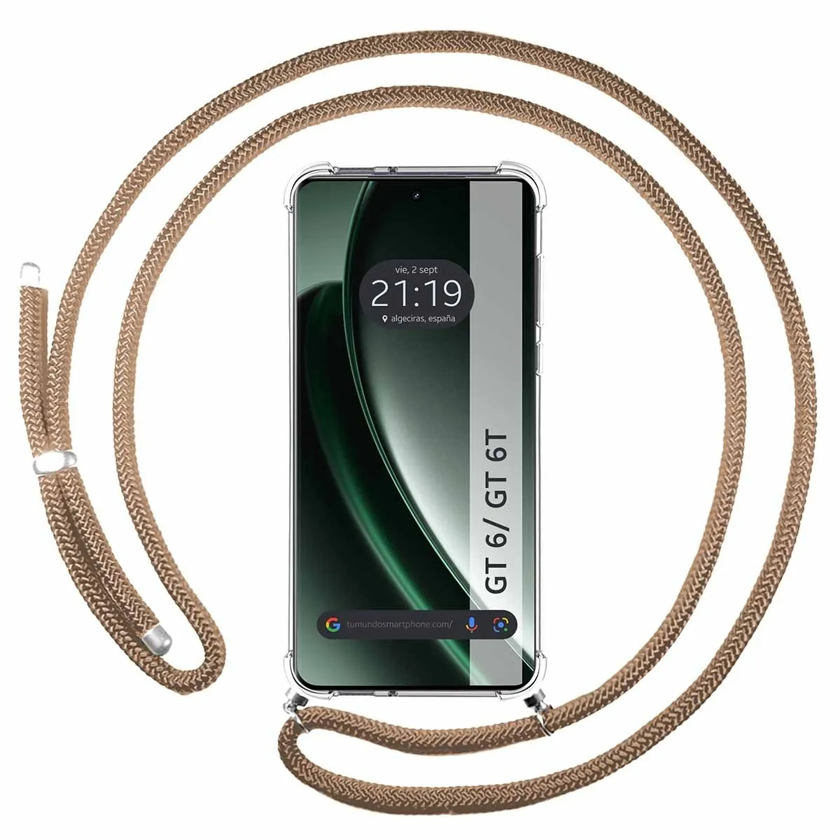 Custodia per telefono con cordino. Lo schermo del telefono mostra un orologio.