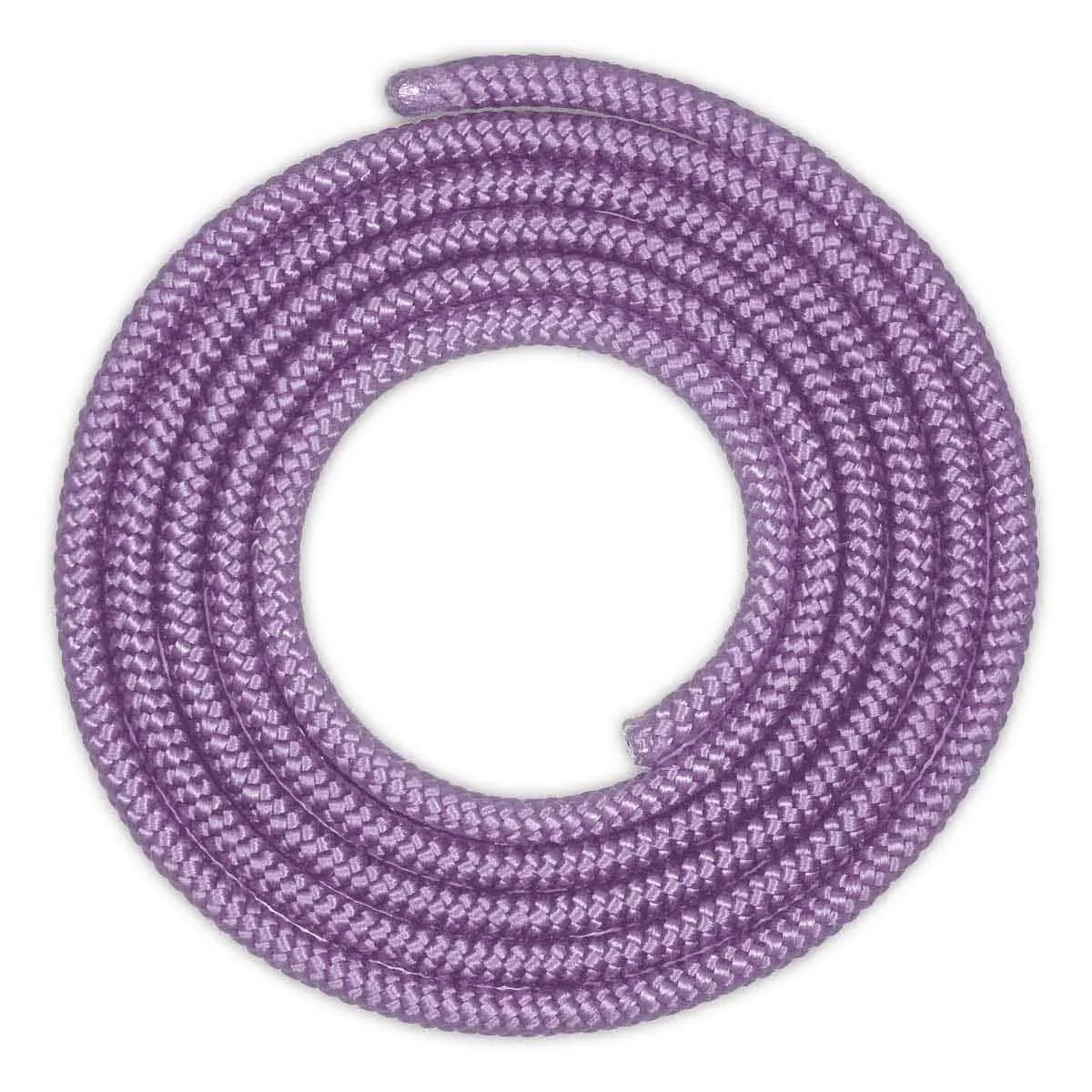 Corda lavanda arrotolata su sfondo bianco, che forma una forma circolare.