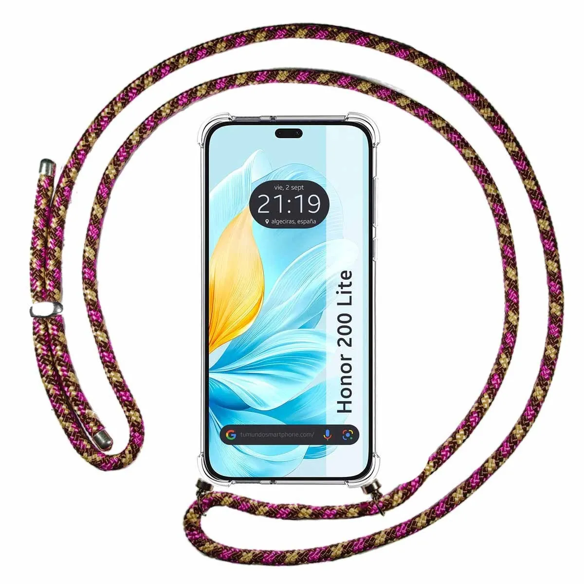 Telefono con cinturino. Lo schermo mostra ora e data, con un design floreale.