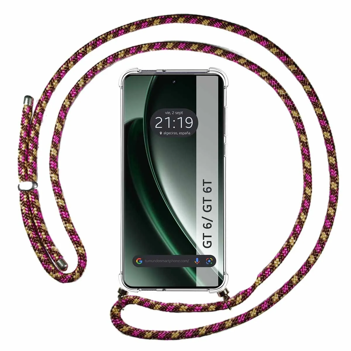 Telefono con un cordino, con sfondo sfocato e visualizzazione dell'ora.