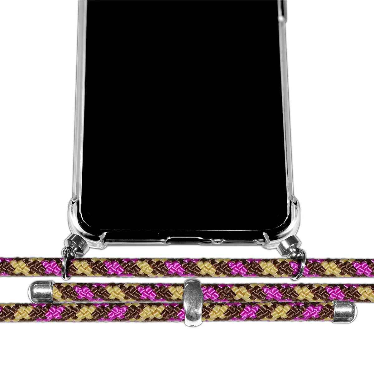 Telefono su una cinghia con un cordino decorativo. Il cordino è marrone, viola e rosa.