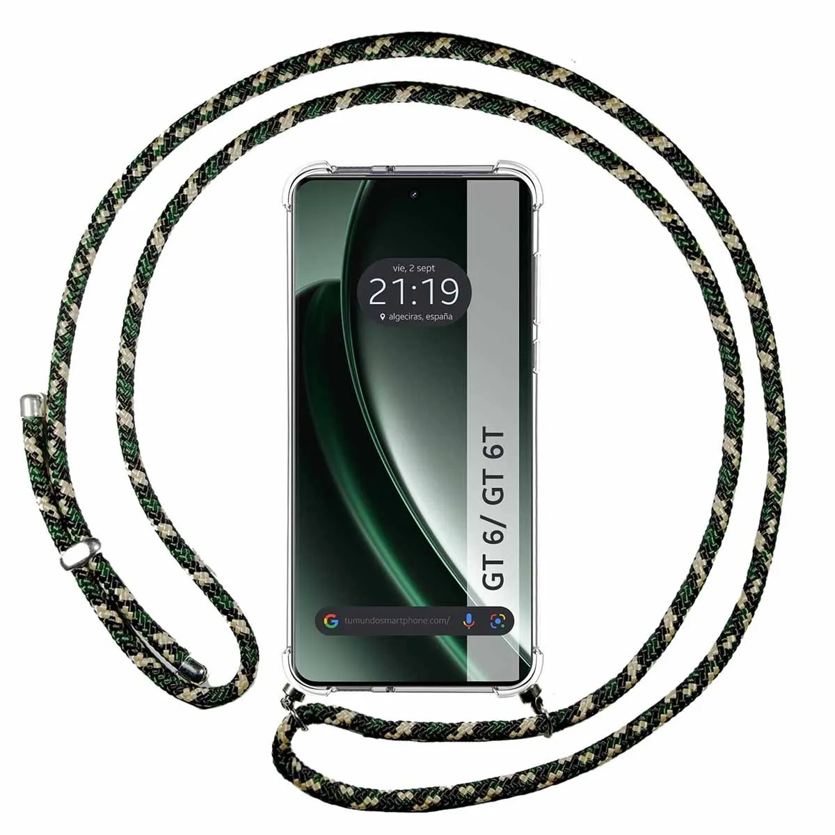 Una custodia per telefono con un design a corda verde e nera. Il telefono mostra l'ora e Algeciras, Spagna.
