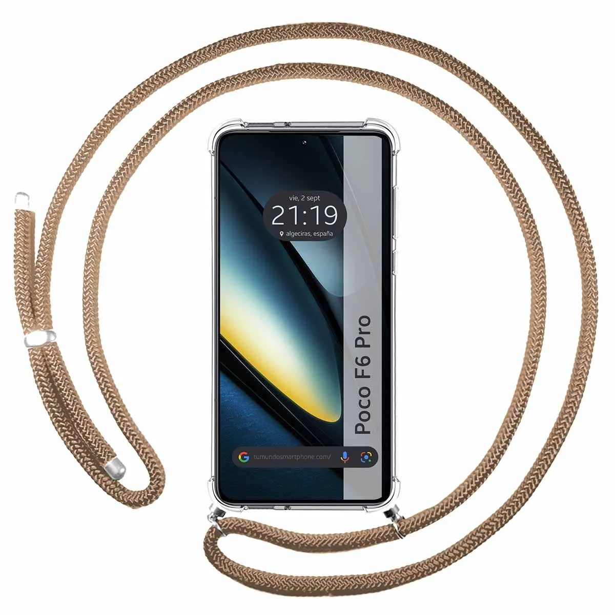 Telefono con una corda marrone intorno. Il telefono mostra ora e luogo.