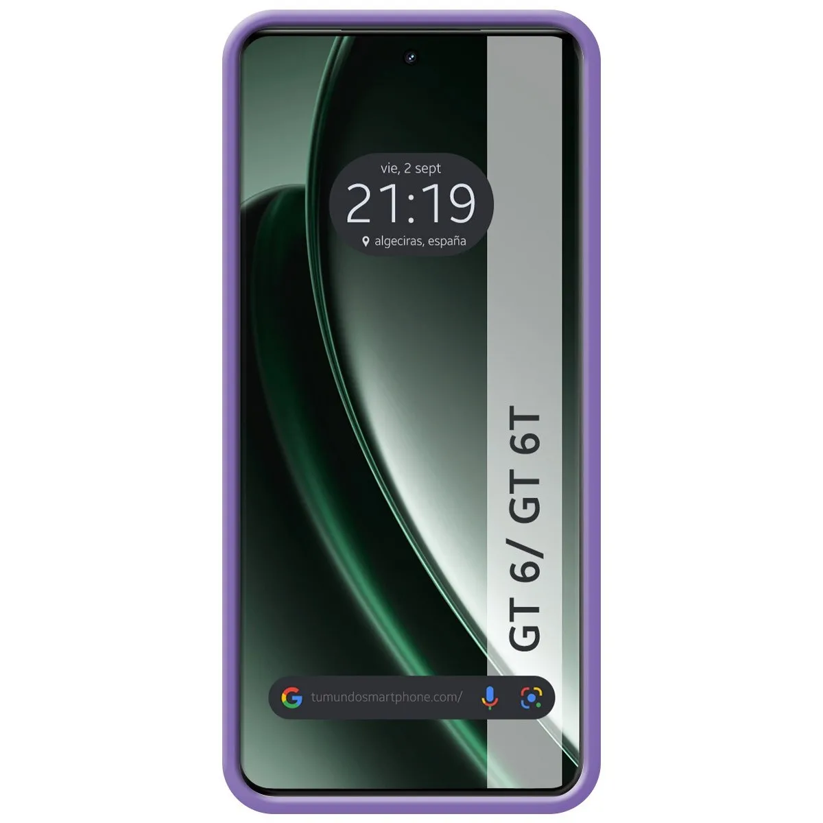 Custodia per telefono con telefono che mostra ora, data e testo GT 6T.