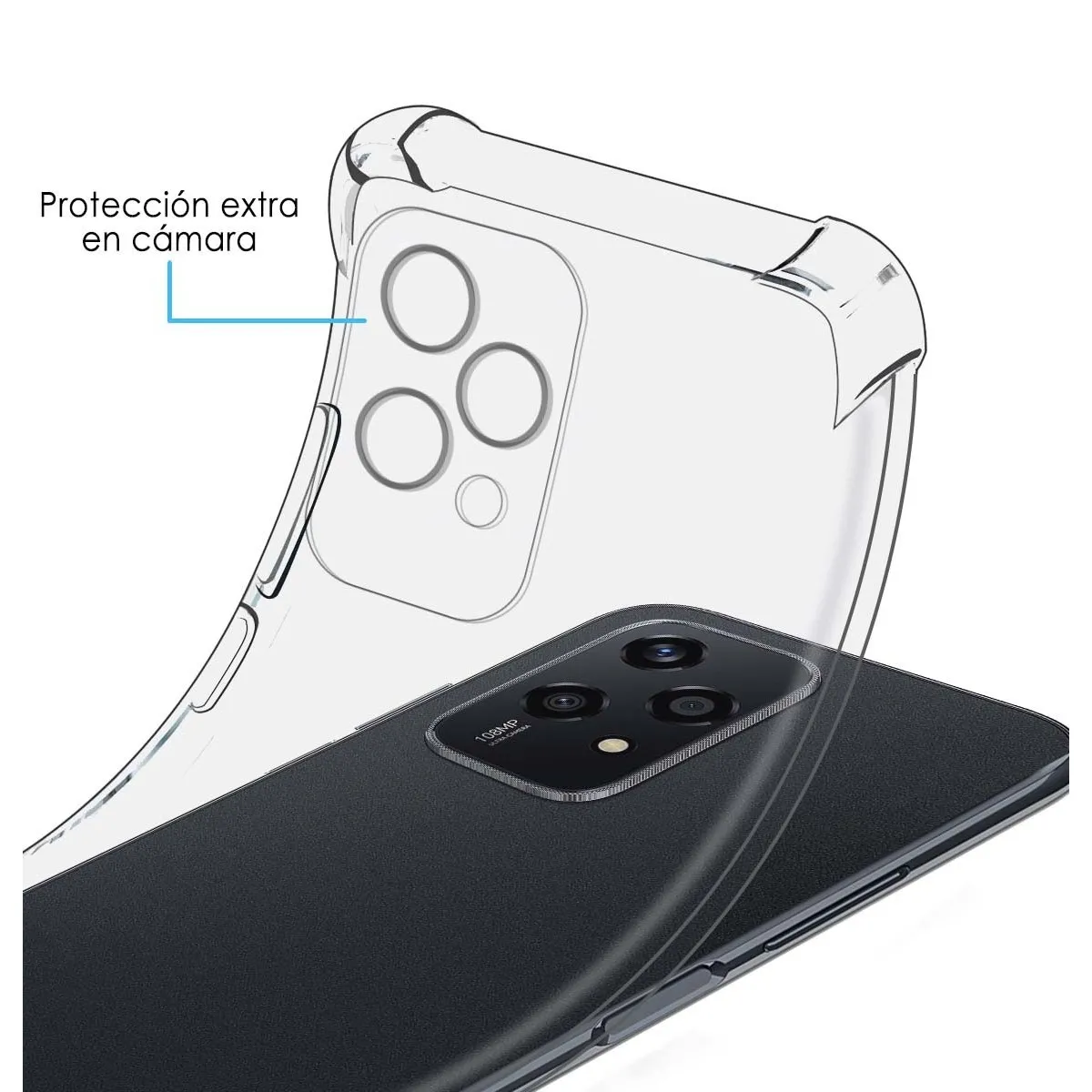 Una custodia per telefono con retro trasparente e un telefono con retro nero e fotocamera nera.