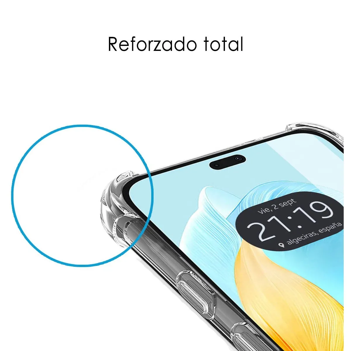 Primo piano di una custodia per telefono con il testo 'Reforzado total' e un cerchio blu.
