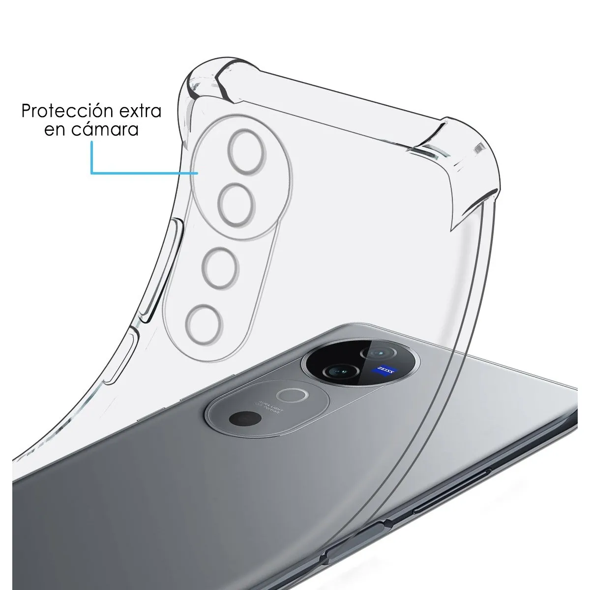 Una custodia trasparente per telefono con un telefono all'interno. La custodia protegge le lenti della fotocamera.