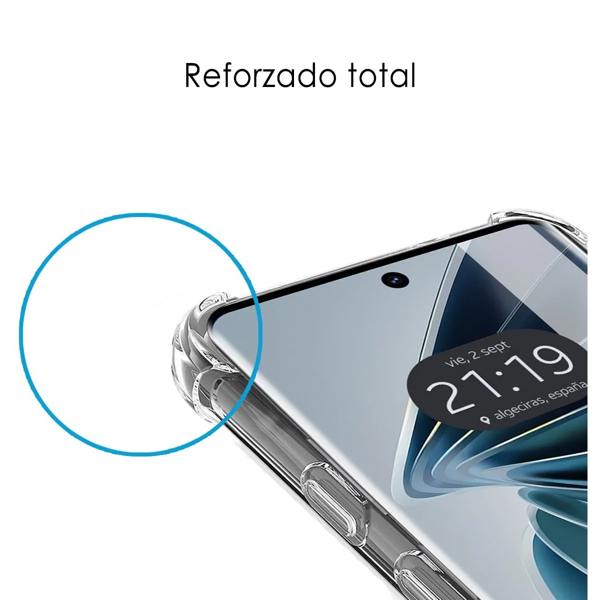Schermo del telefono con testo e cerchio, custodia con testo 'Rinforzato totale'.