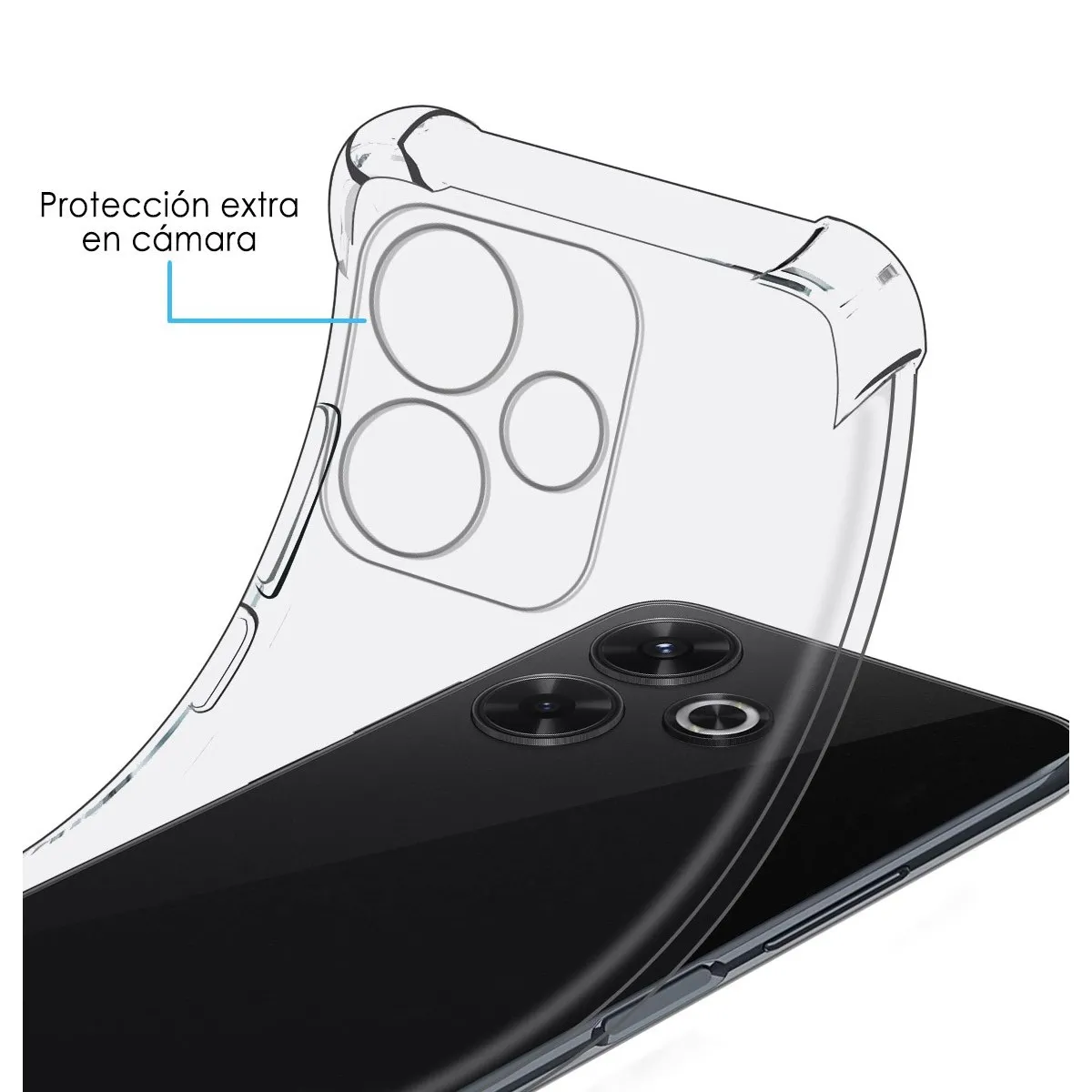 Custodia trasparente con telefono nero all'interno. Testo: Protección extra en cámara.