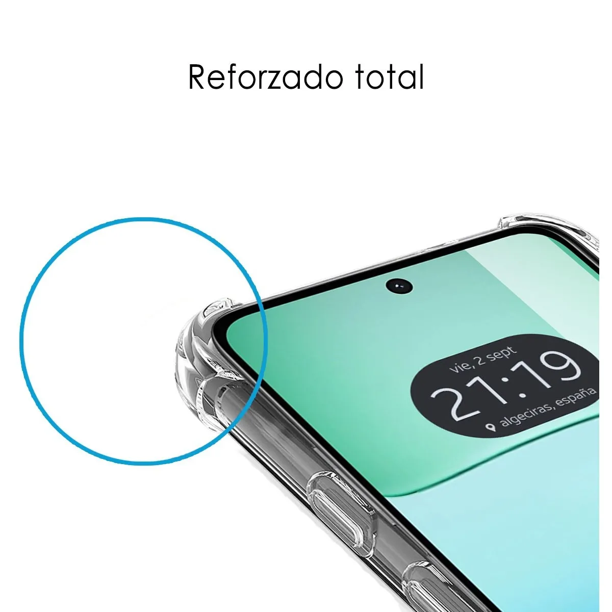 Una custodia per telefono con un design trasparente, con una vista del telefono.
