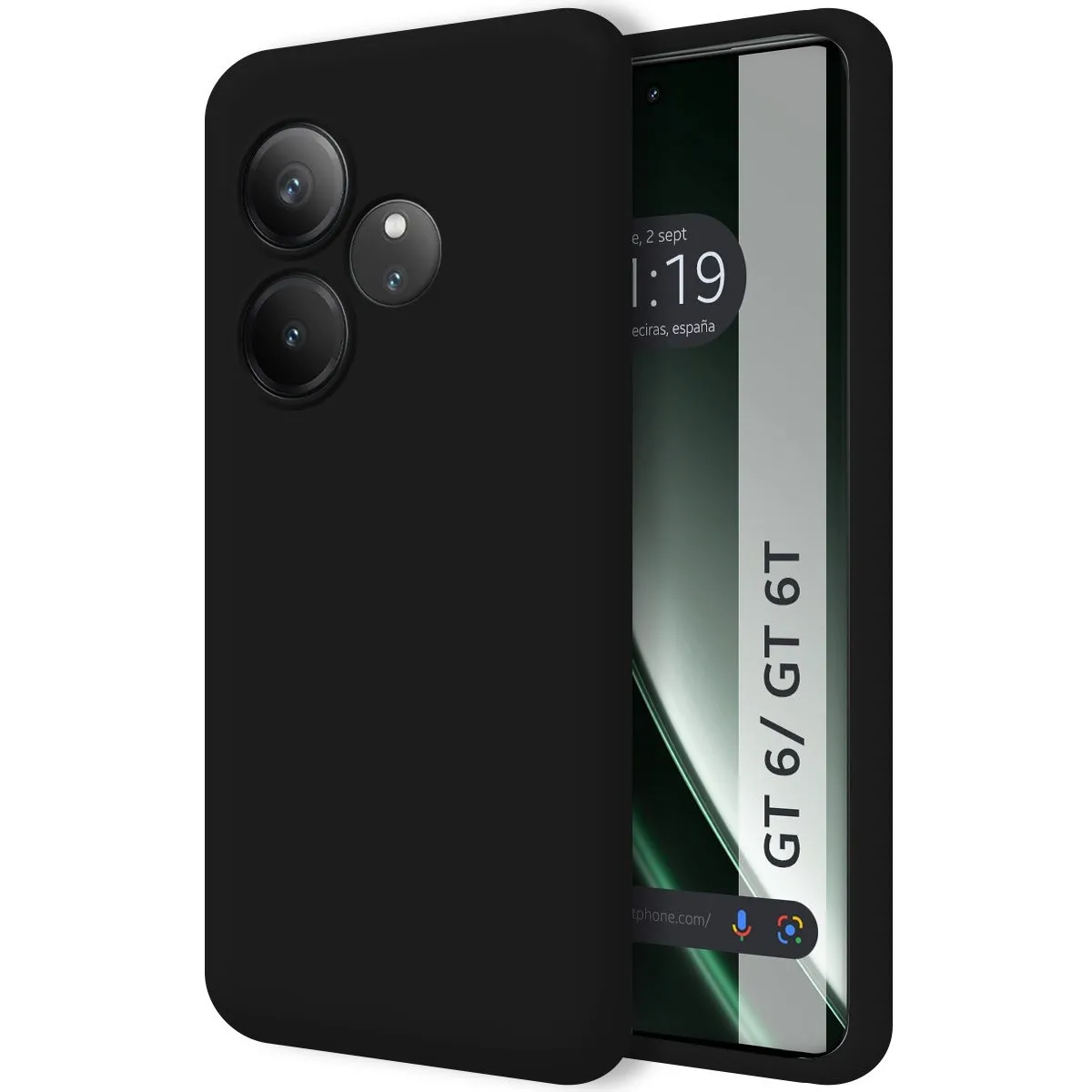 Una custodia nera per telefono su un telefono. Lo schermo mostra l'ora e la data. Il telefono è etichettato 'GT 6/ GT 6T'.
