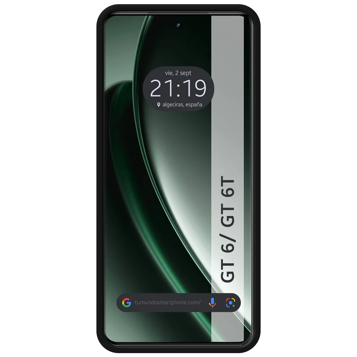 Smartphone con sfondo sfumato verde e ora visualizzata.