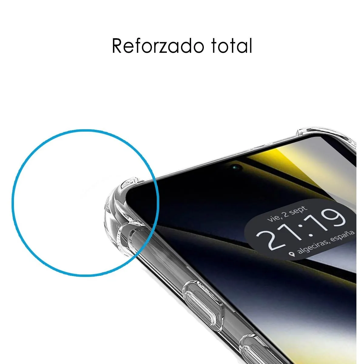 Angolo della custodia del telefono. Testo in alto. Plastica trasparente.