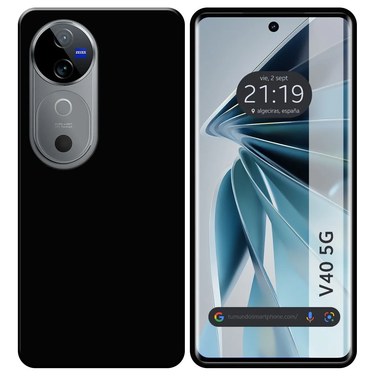 Uno smartphone nero con custodia nera e schermo che mostra ora e luogo.