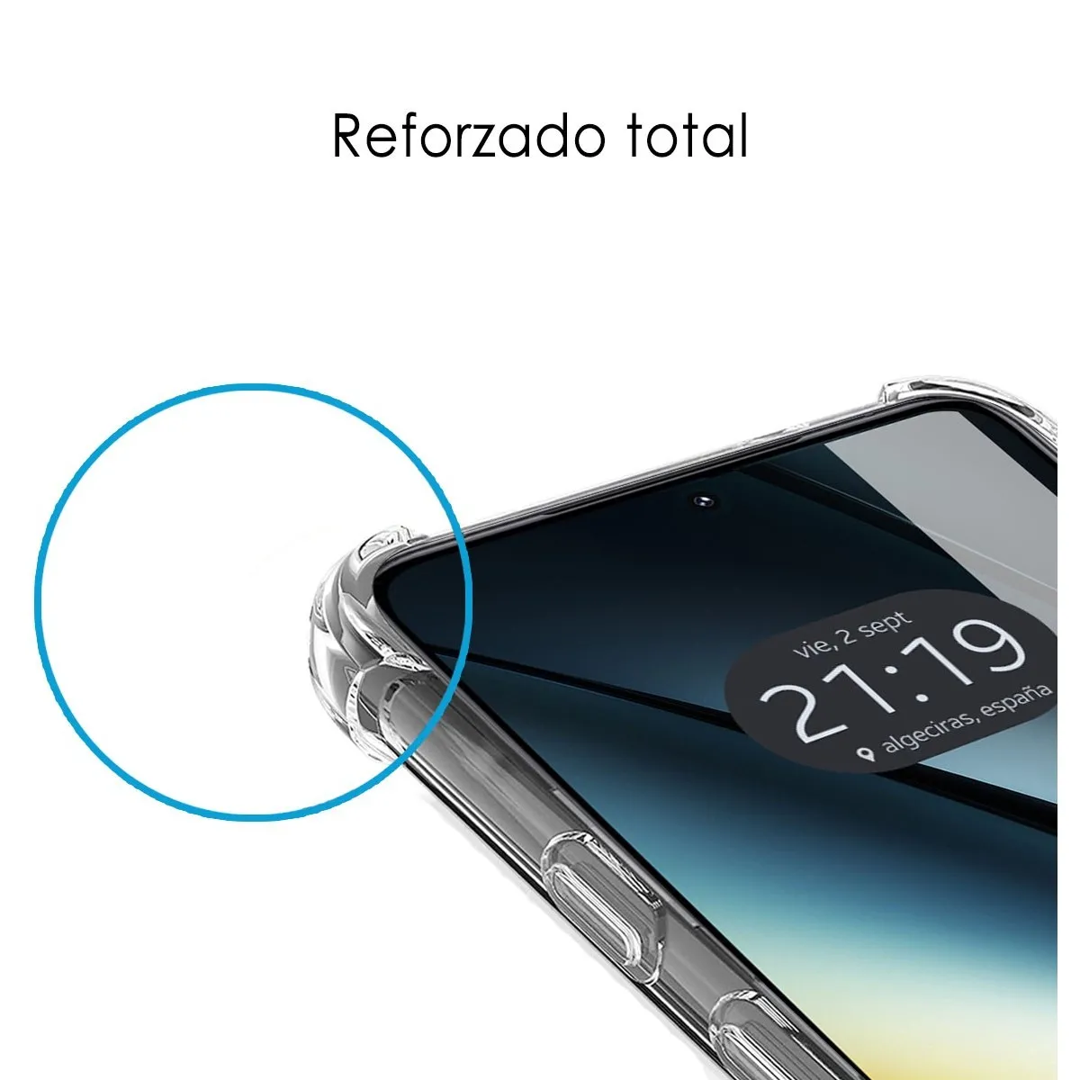 Una custodia trasparente per telefono con un telefono all'interno. La custodia è mostrata da un'angolazione laterale.