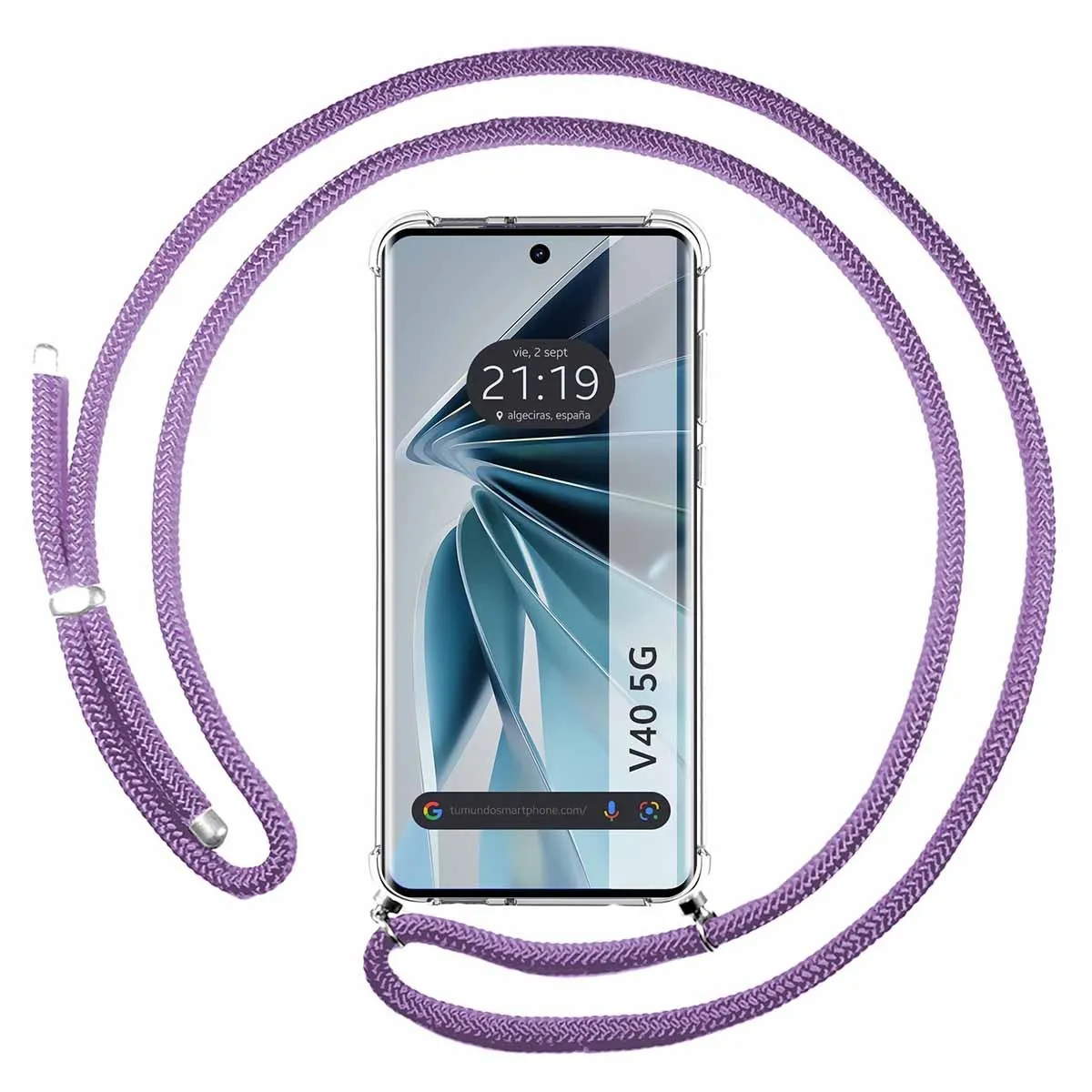 Custodia per telefono con un design a corda viola attorno a un telefono con schermo.