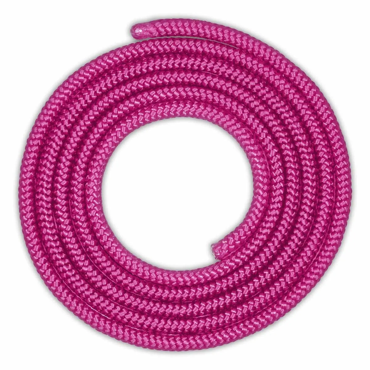 Corda per saltare rosa arrotolata su sfondo bianco.