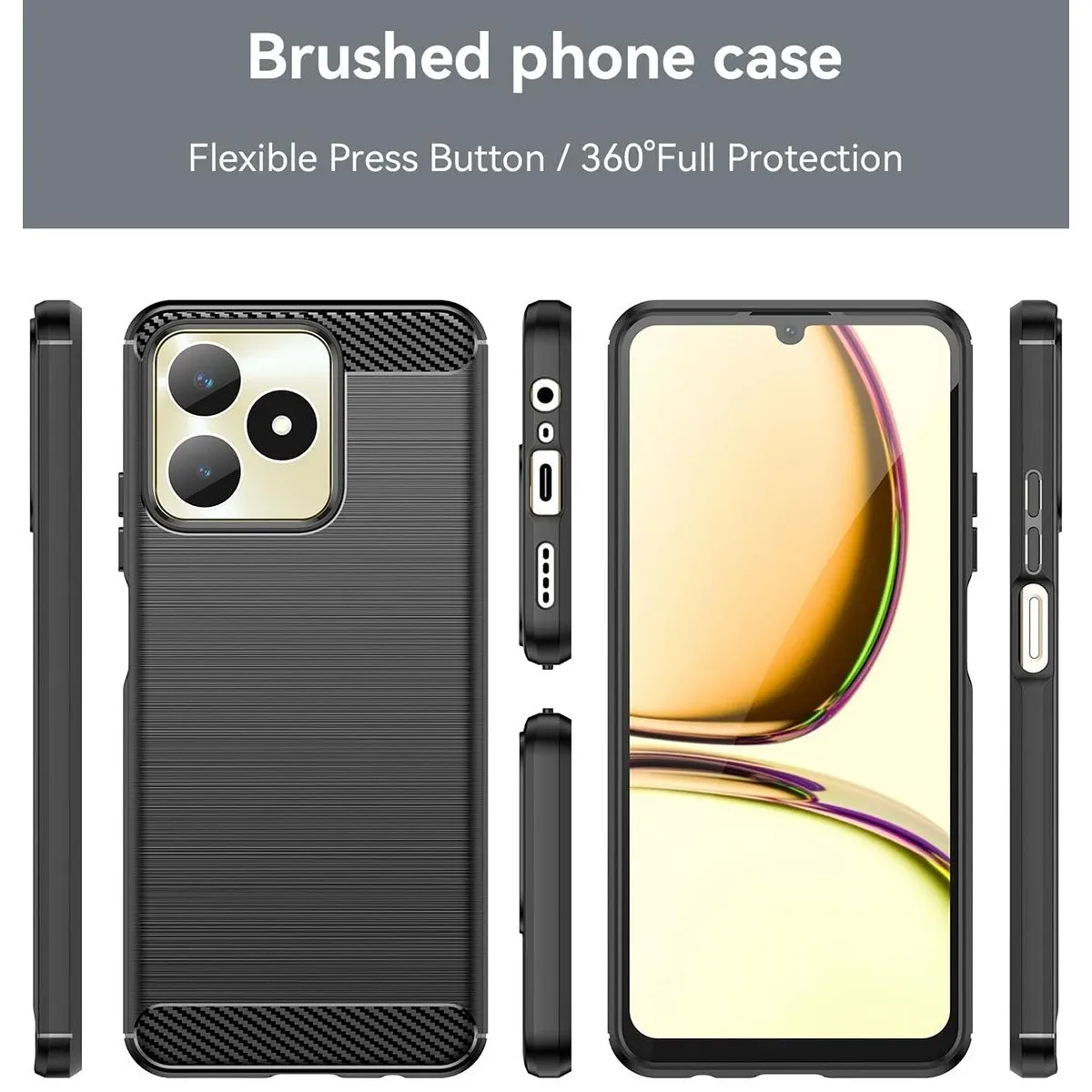 Una custodia per telefono con una texture spazzolata, che mostra diverse angolazioni e testo sulla protezione.