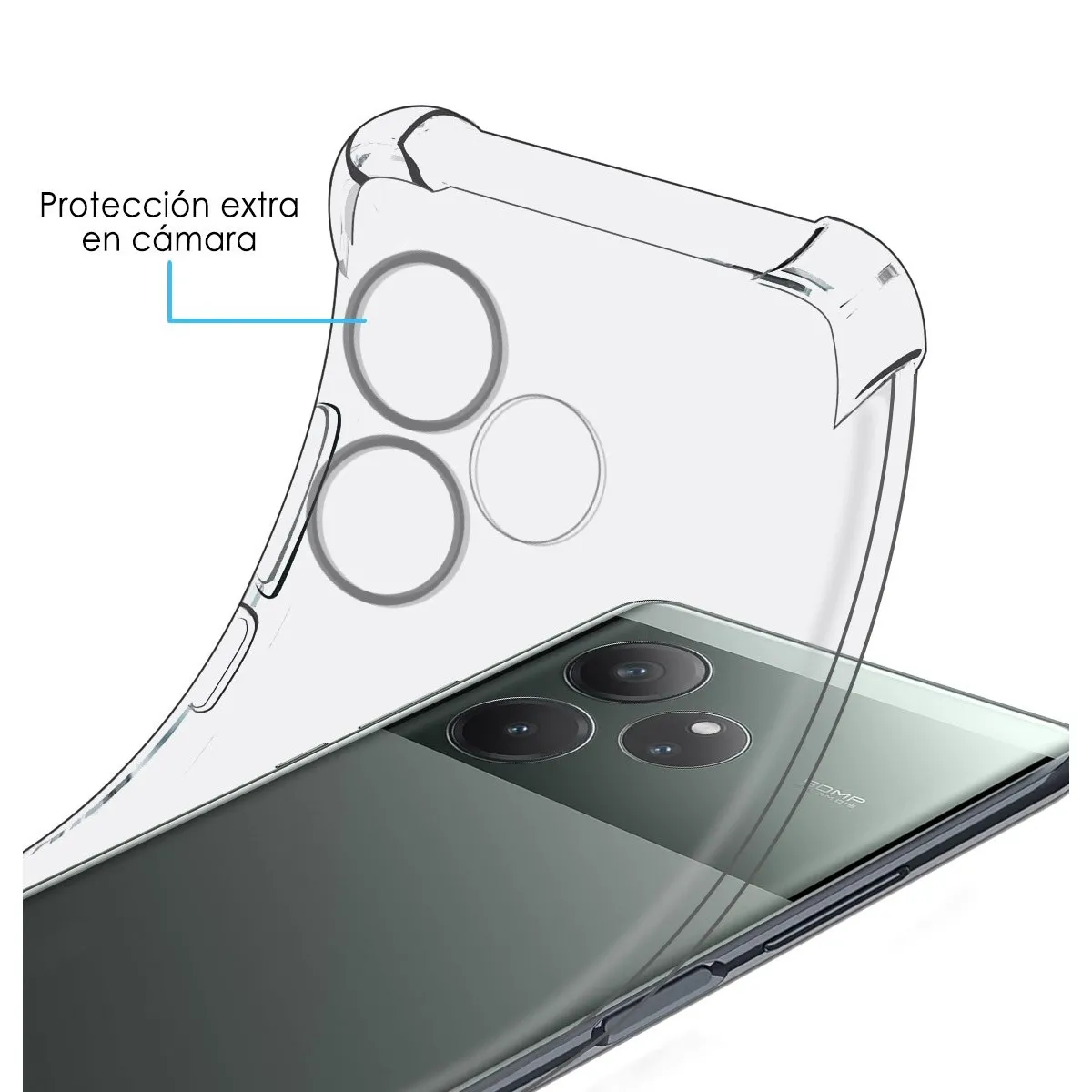 Una custodia trasparente è su un telefono con lenti della fotocamera. Il testo indica una protezione extra.