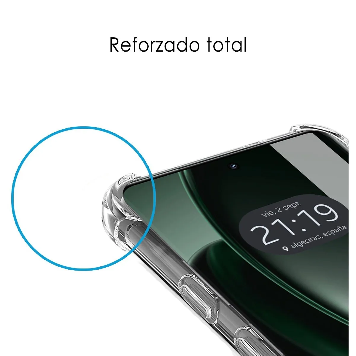 Primo piano di un telefono con custodia protettiva. Lo schermo mostra un calendario. Il testo in alto dice 'Reforzado total'.