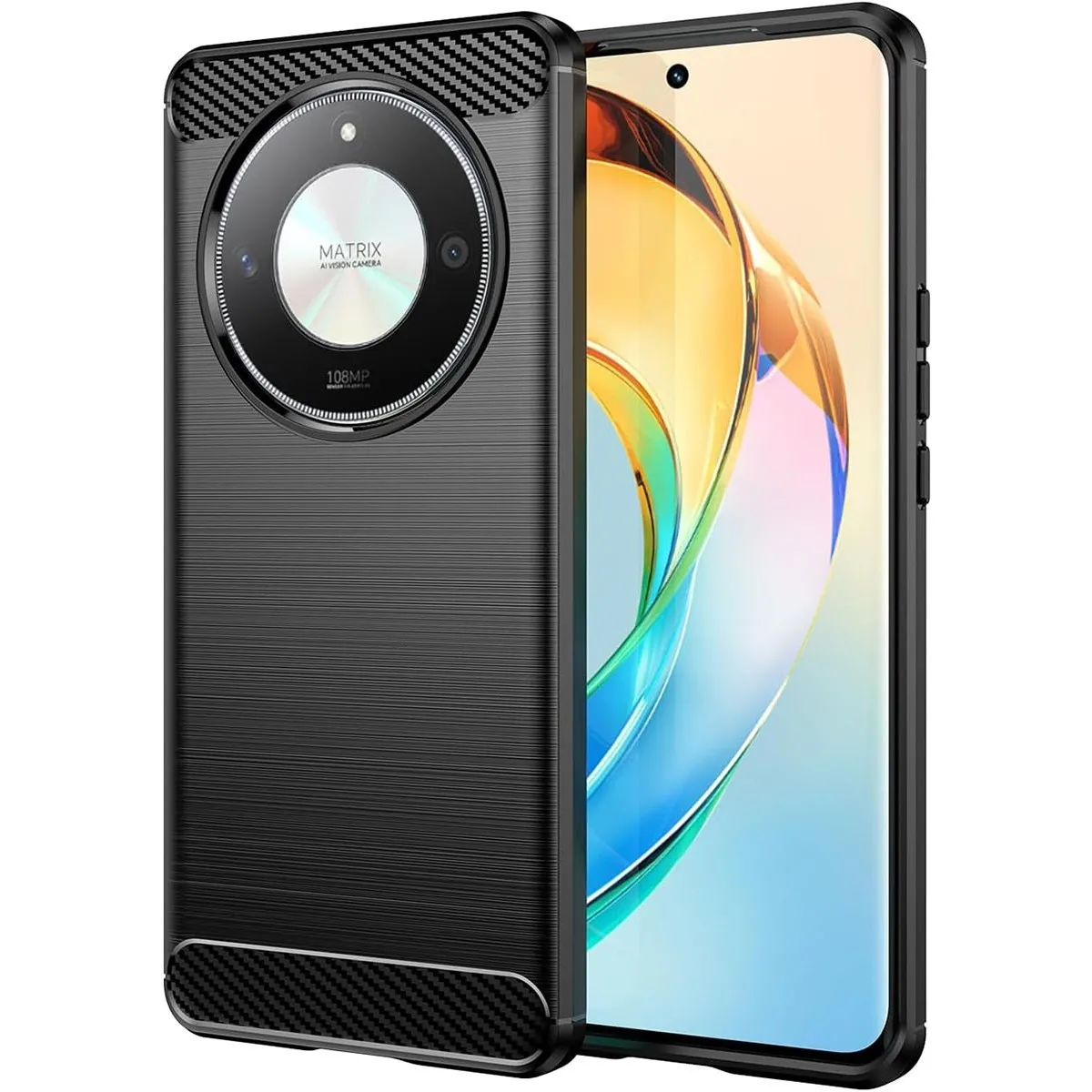 Smartphone negro en una funda de fibra de carbono con un gran módulo de cámara.