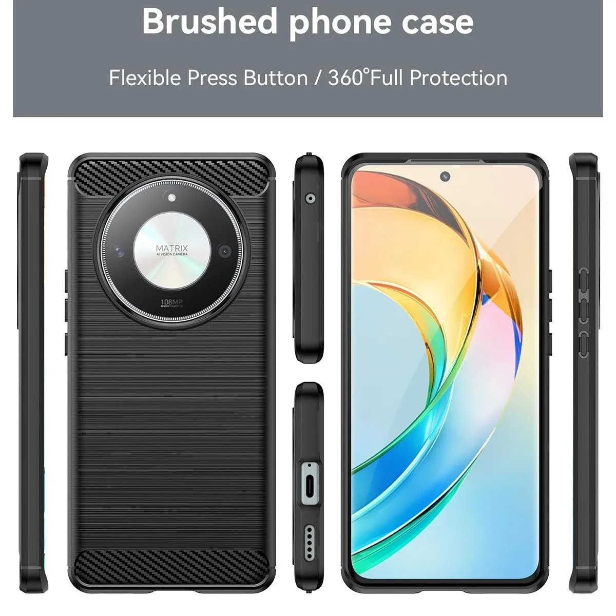 Una funda de teléfono negra con aspecto de fibra de carbono texturizada, se muestran múltiples ángulos.