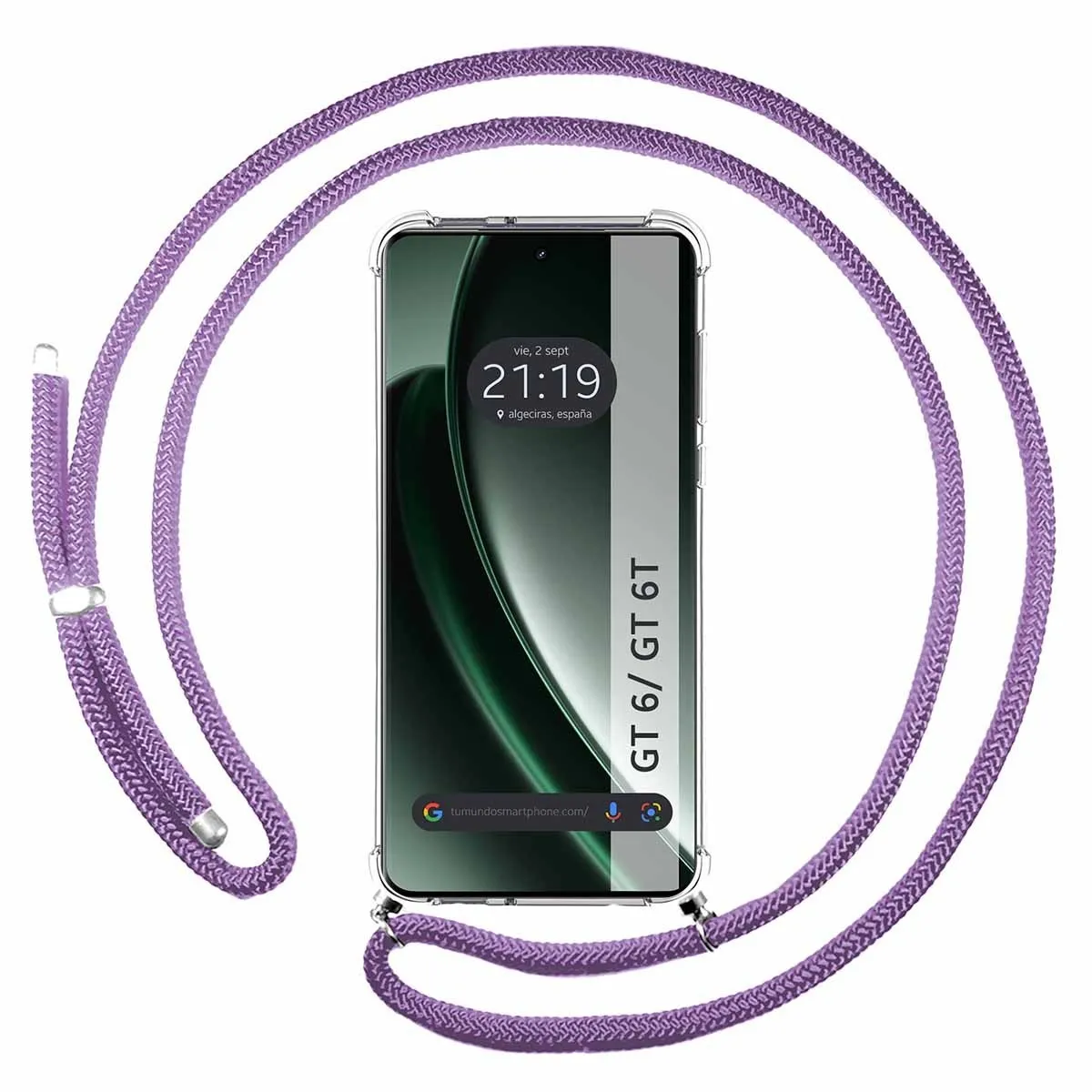 Telefono in una custodia trasparente con cordino viola. Il telefono mostra l'ora e il luogo.