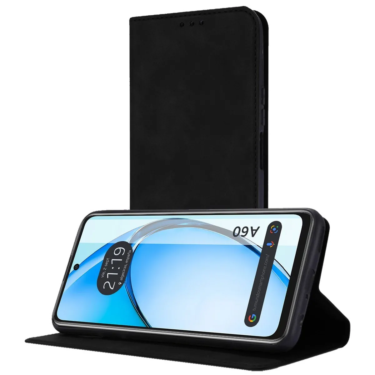 Un telefono nero, all'interno di una custodia in pelle nera con ora e data visualizzate.
