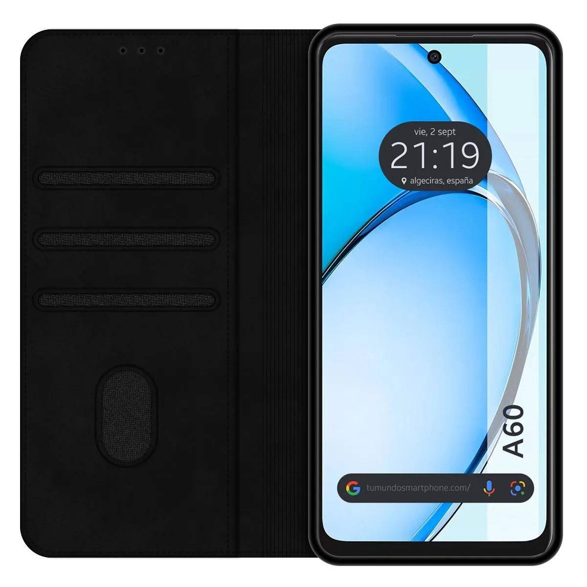 Telefono nero in custodia a libro, schermo mostra ora e data in spagnolo.