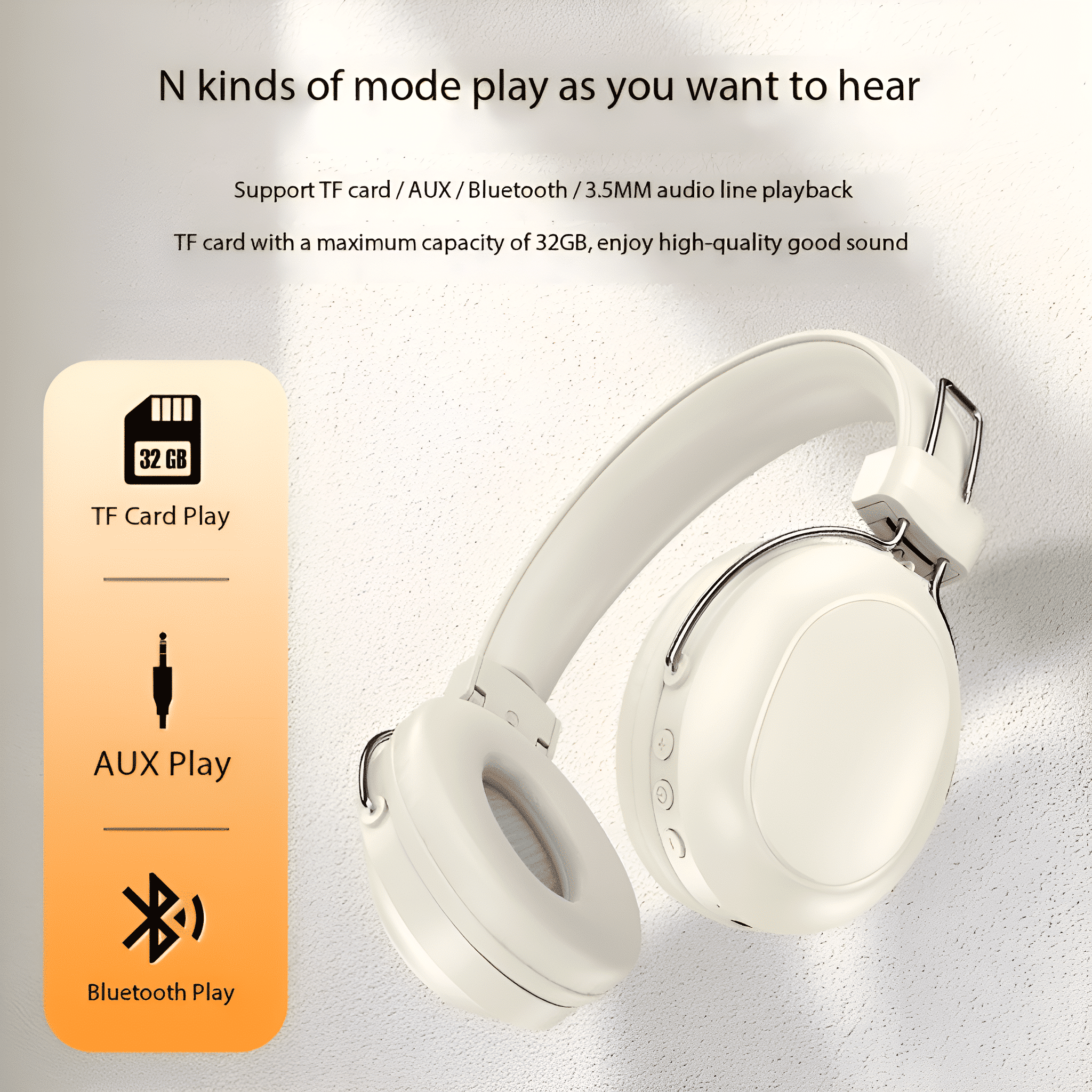 Weiße Kopfhörer mit verschiedenen Wiedergabeoptionen, einschließlich TF-Karte, AUX und Bluetooth.