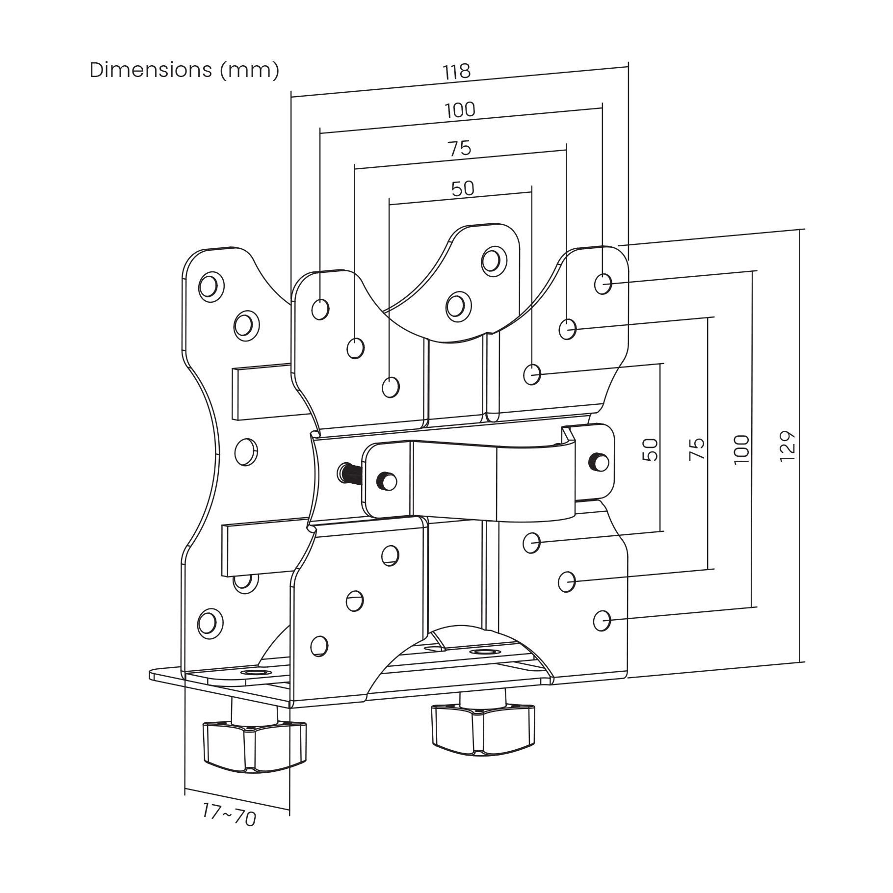 Un disegno tecnico di una staffa metallica con dimensioni in millimetri.