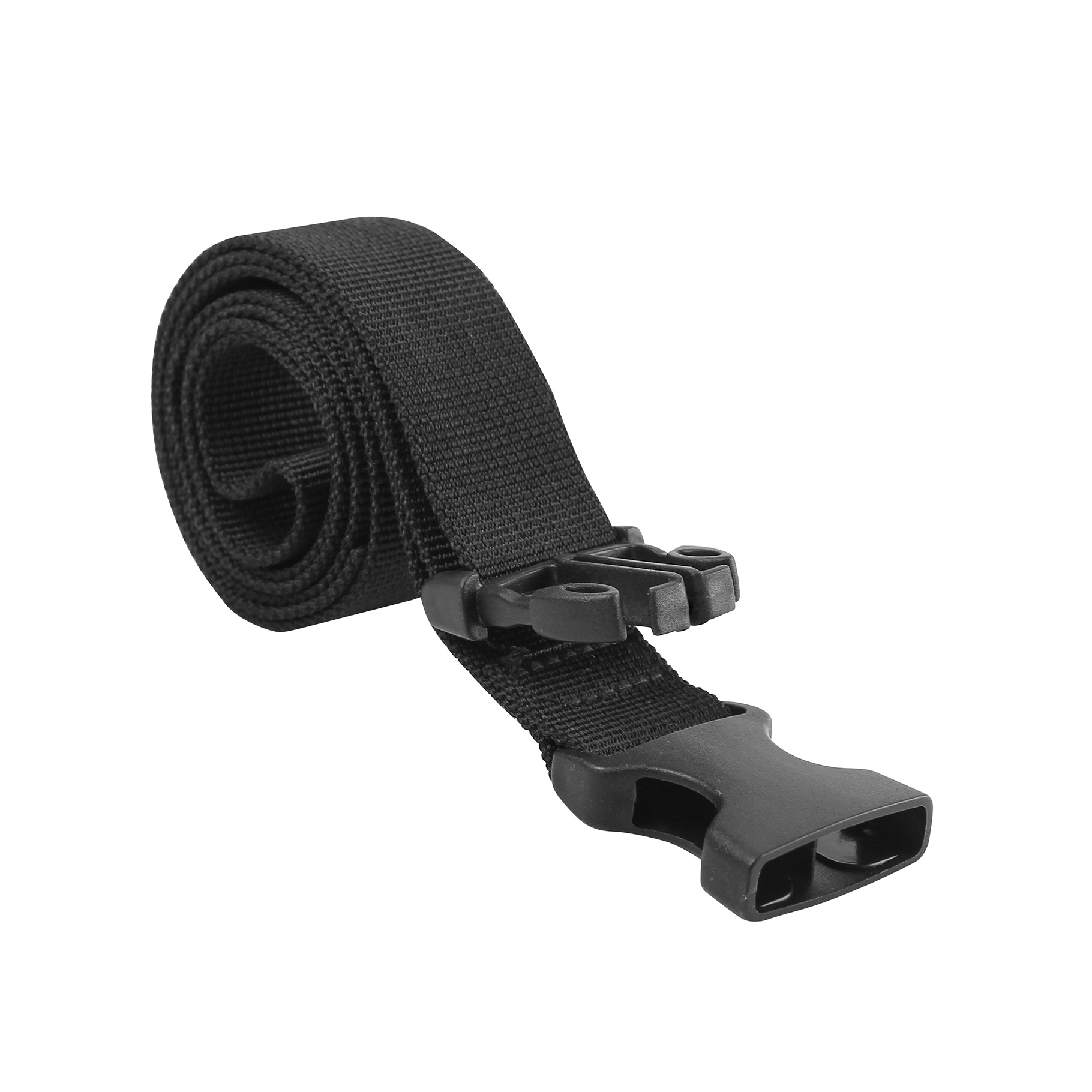 Cinturino in nylon nero con fibbia in plastica nera.